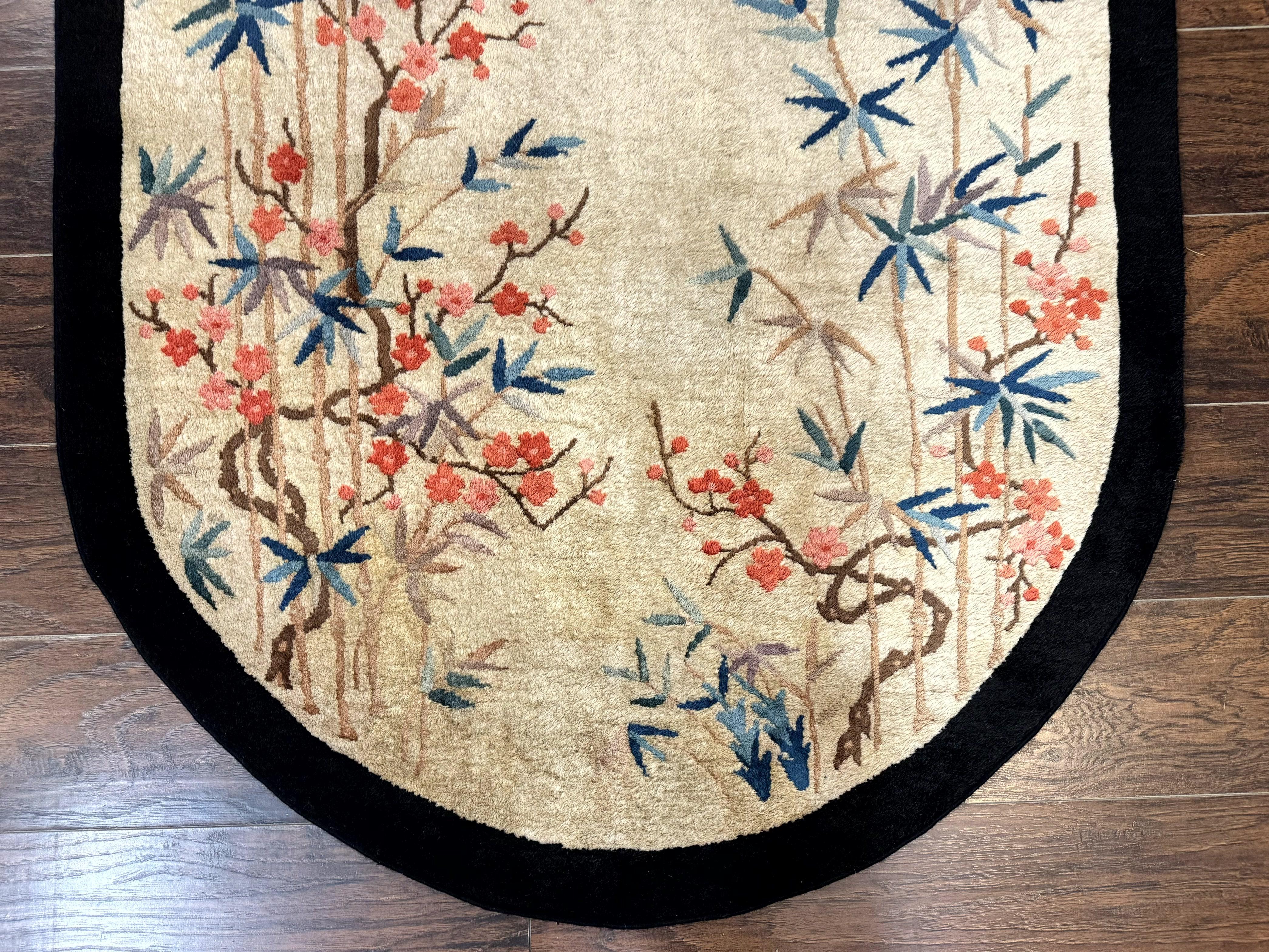 Antique Chinese Oval Rug 3.9 x 6.7, Floral, Butterflies, Chinese Wool Art Deco Peking Carpet, Beige, Handmade - Jewel Rugs