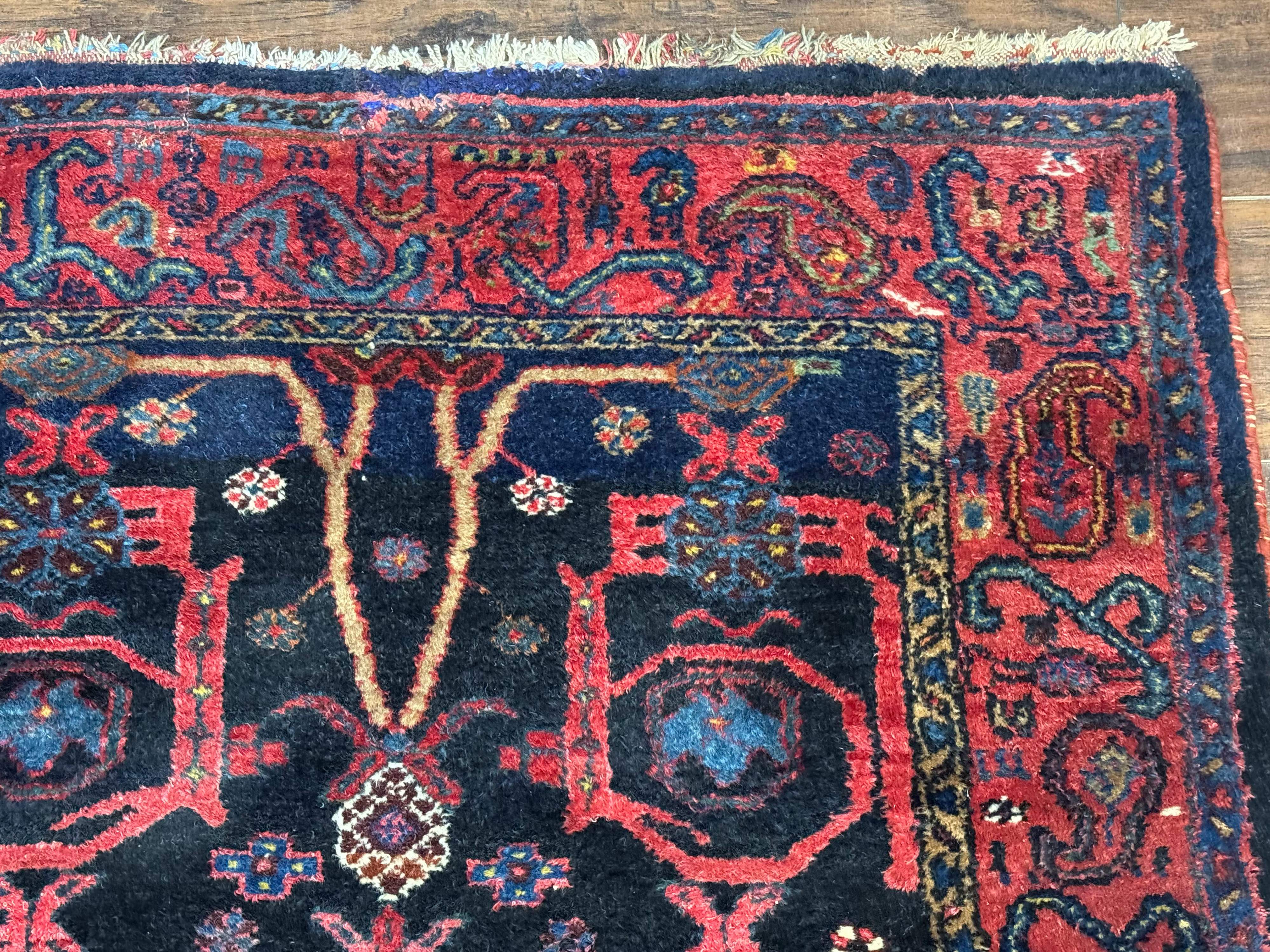 Rare Persian Malayer Runner Rug 4x16 – Navy and Red, Hand-Knotted Wool Antique Carpet, Paisley Border - Jewel Rugs