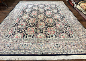 Sino Persian Rug 9x12, Navy Blue and Pink Hand Knotted Wool and Silk Highlights Vintage Oriental Carpet, Handmade Floral Area Rug 9 x 12 ft