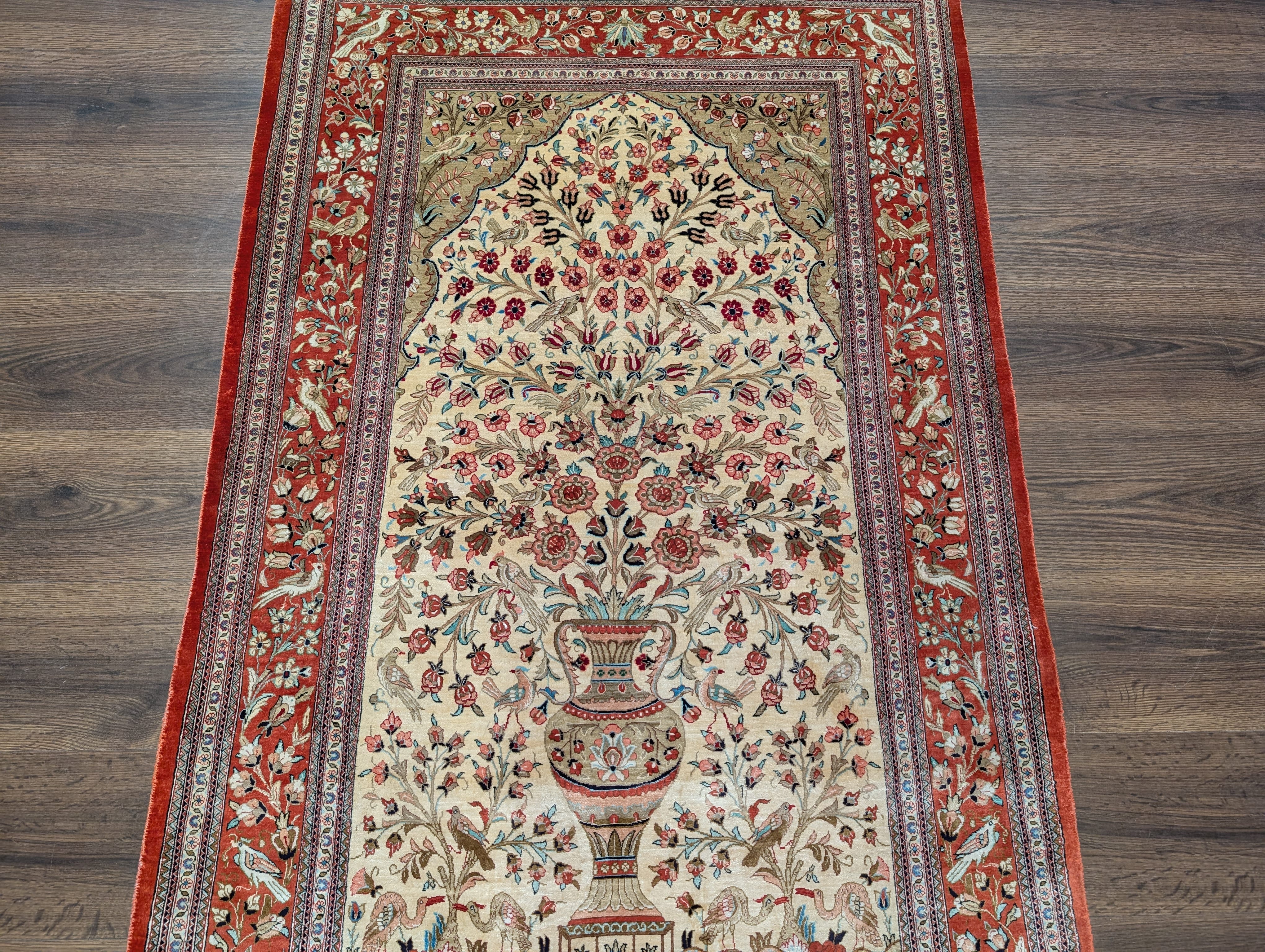 Silk Qum Persian Rug 3x5 – Tree of Life Design with Birds & Vase, 630 KPSI - Jewel Rugs