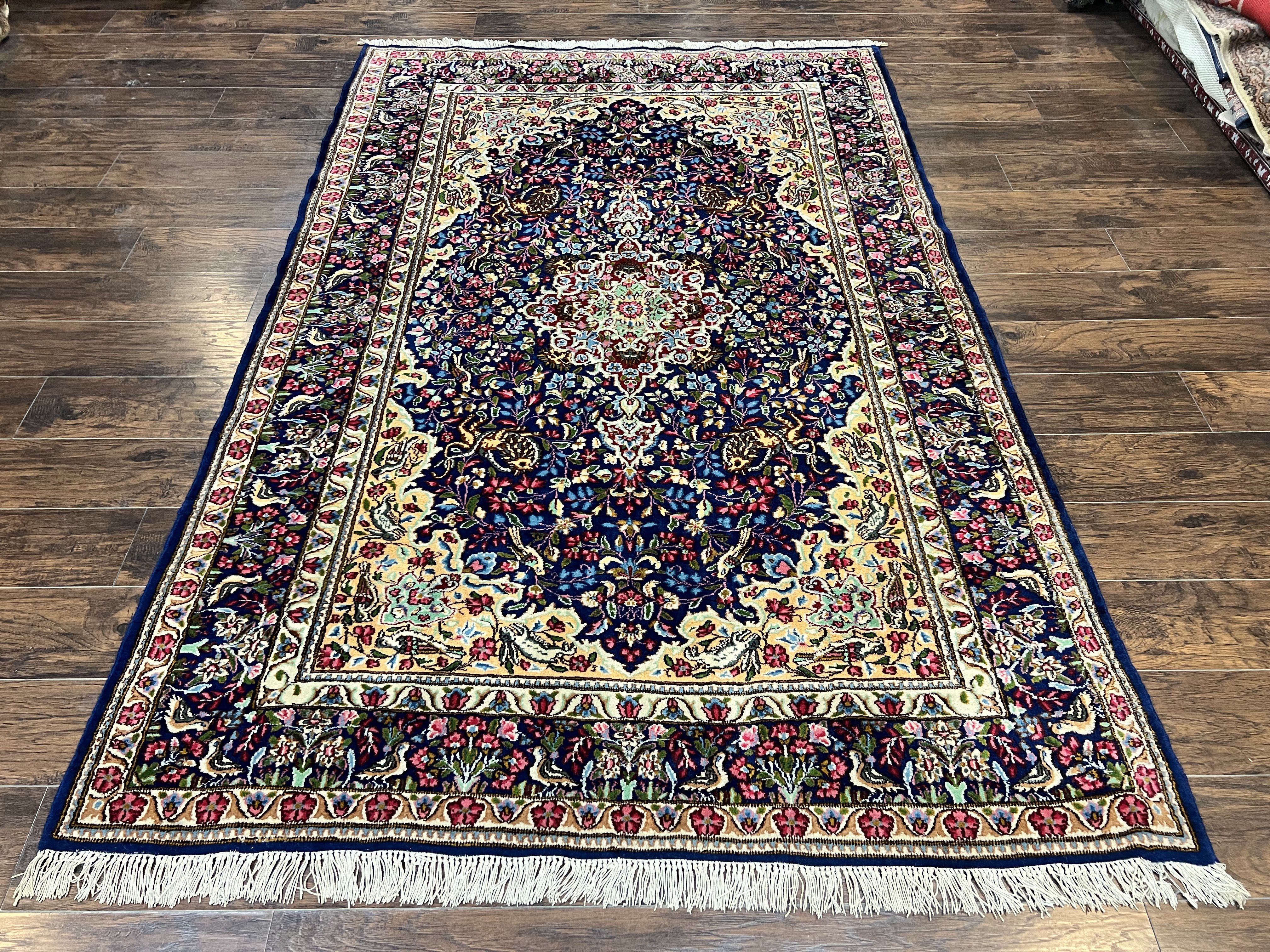 Persian Kirman Rug 6x9, Floral Medallion Vintage Wool Handmade Carpet 6 x 9, Animal Pictorials Birds, Semi Antique, Navy Blue, Millefleur - Jewel Rugs