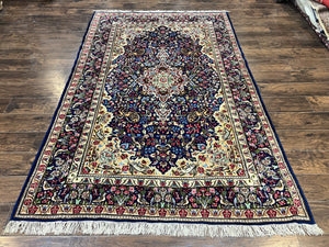 Persian Kirman Rug 6x9, Floral Medallion Vintage Wool Handmade Carpet 6 x 9, Animal Pictorials Birds, Semi Antique, Navy Blue, Millefleur