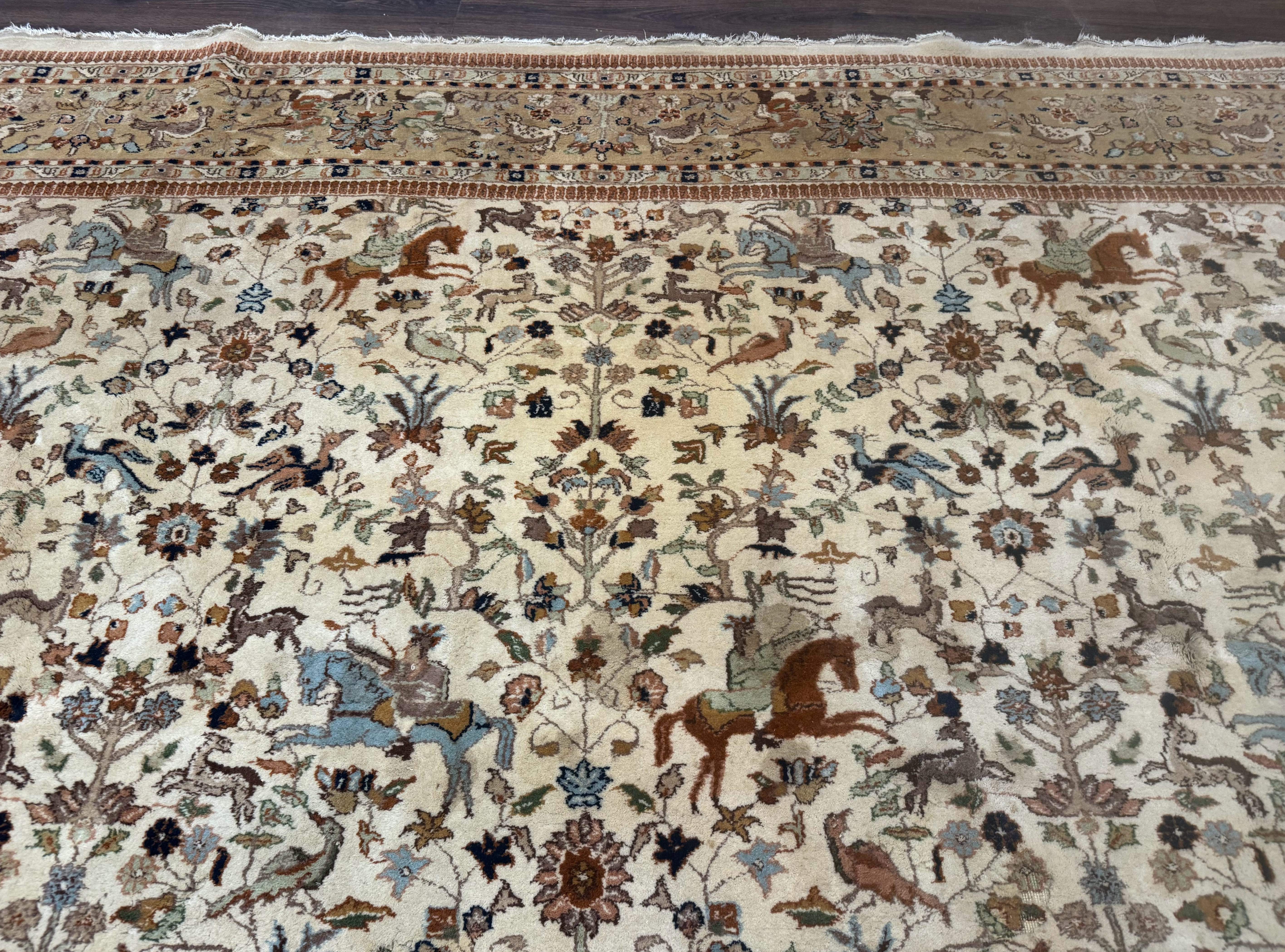 Palace Size Persian Tabriz Rug 12x15 – Beige and Tan, Hunting Design, Wool, Animal Pictorials - Jewel Rugs