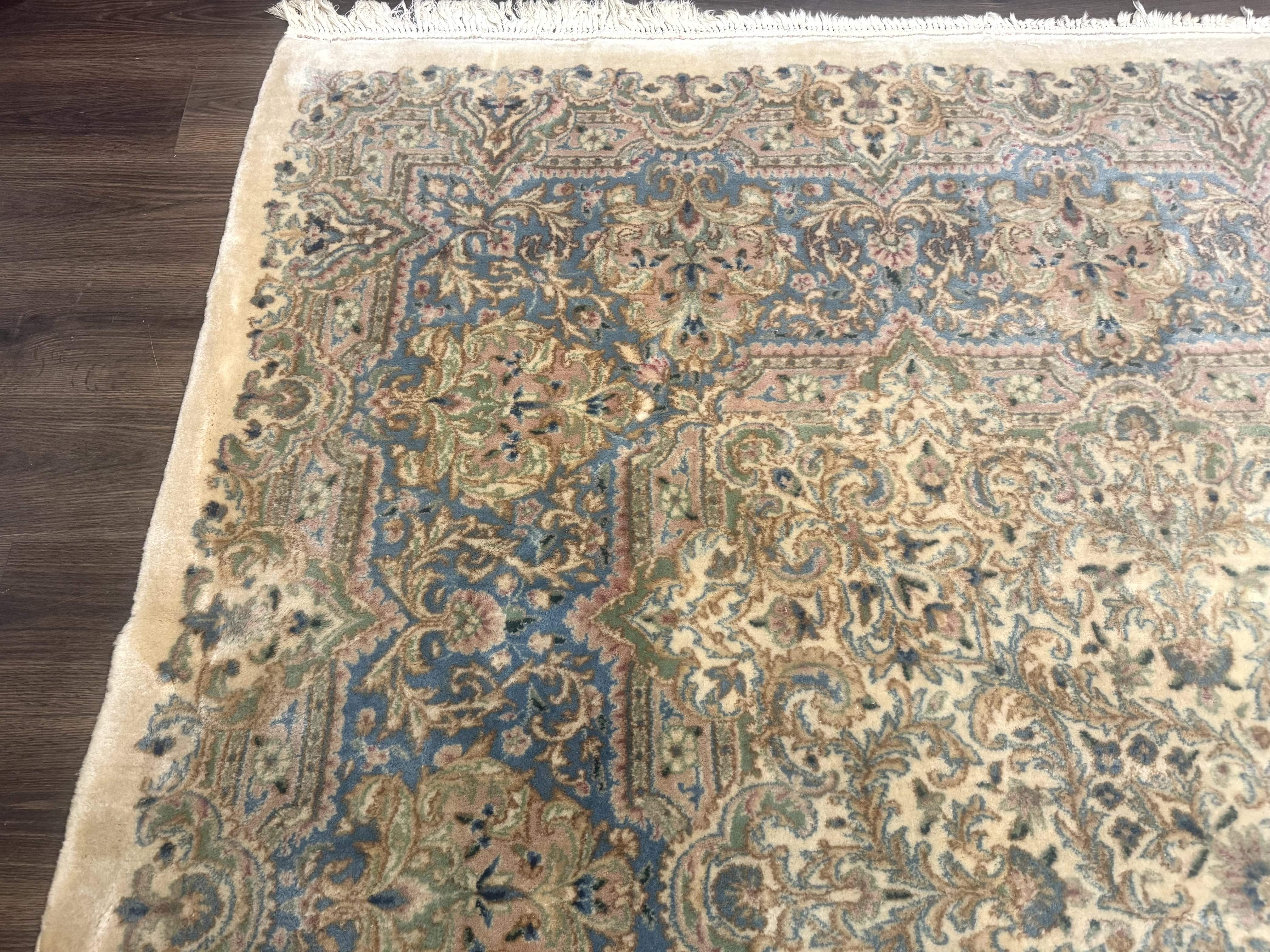 Palace Size Persian Kerman Rug 12x18, Floral Kirman Rug, Ivory Light Blue Pink, Pastel Colors, Vintage Persian Rug, Signed, Fine 240 KPSI - Jewel Rugs