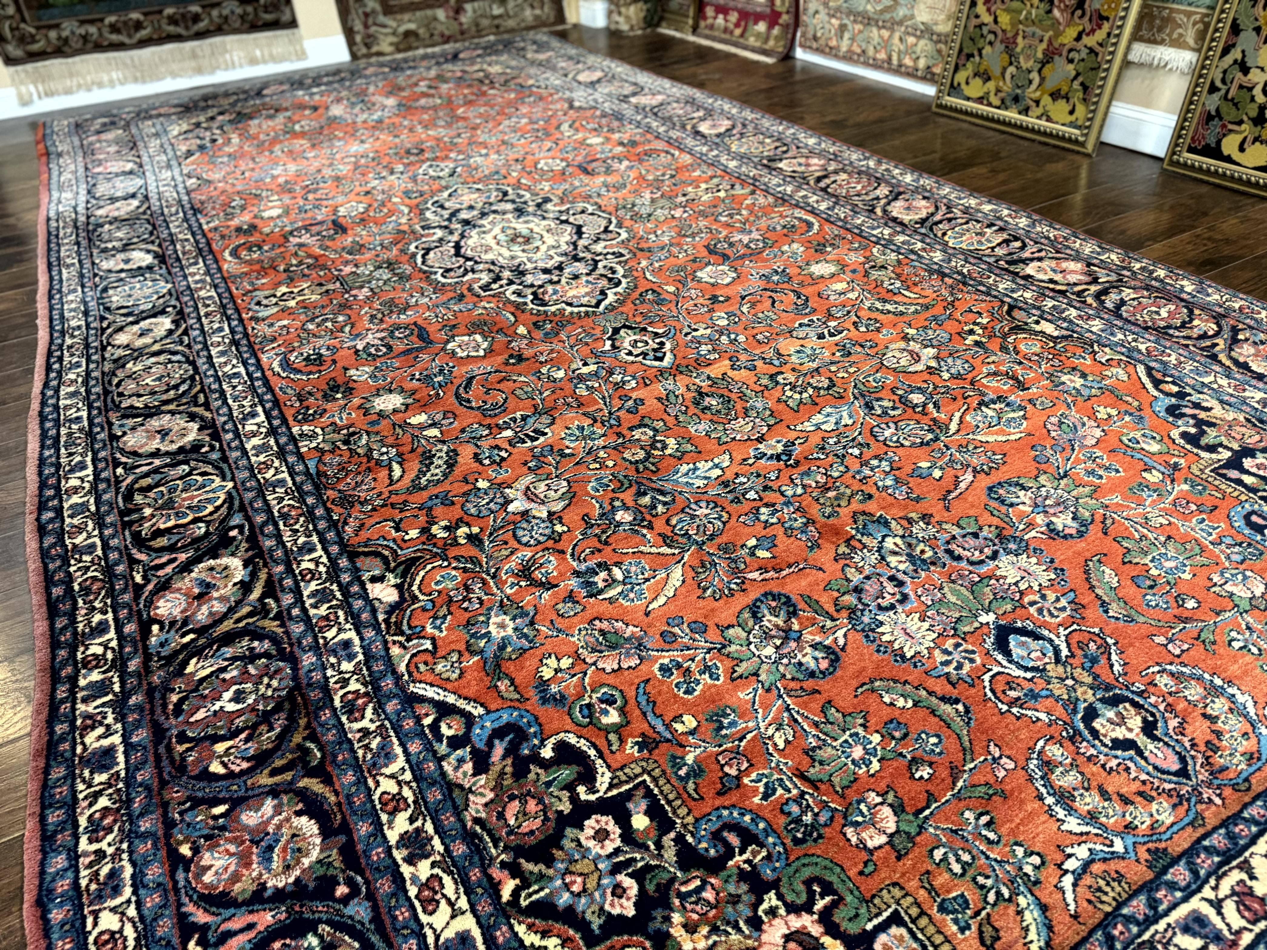 Palace Sized Antique Persian Rug 9x19, Handmade Wool Persian Carpet, Red Navy Blue, Floral Medallion - Jewel Rugs