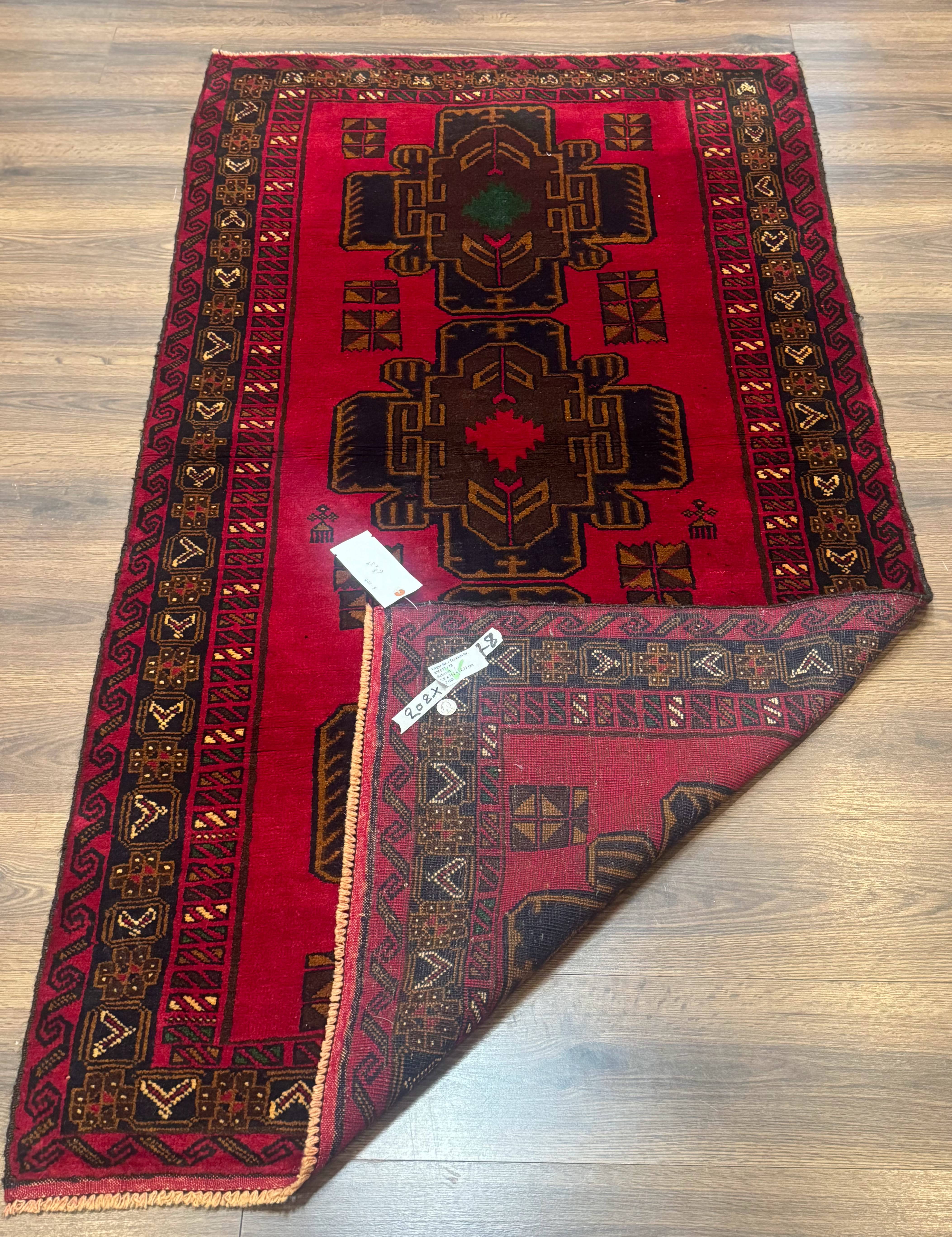 Red Afghan Balouch Rug 4x7, Triple Medallions, Handmade, New - Jewel Rugs