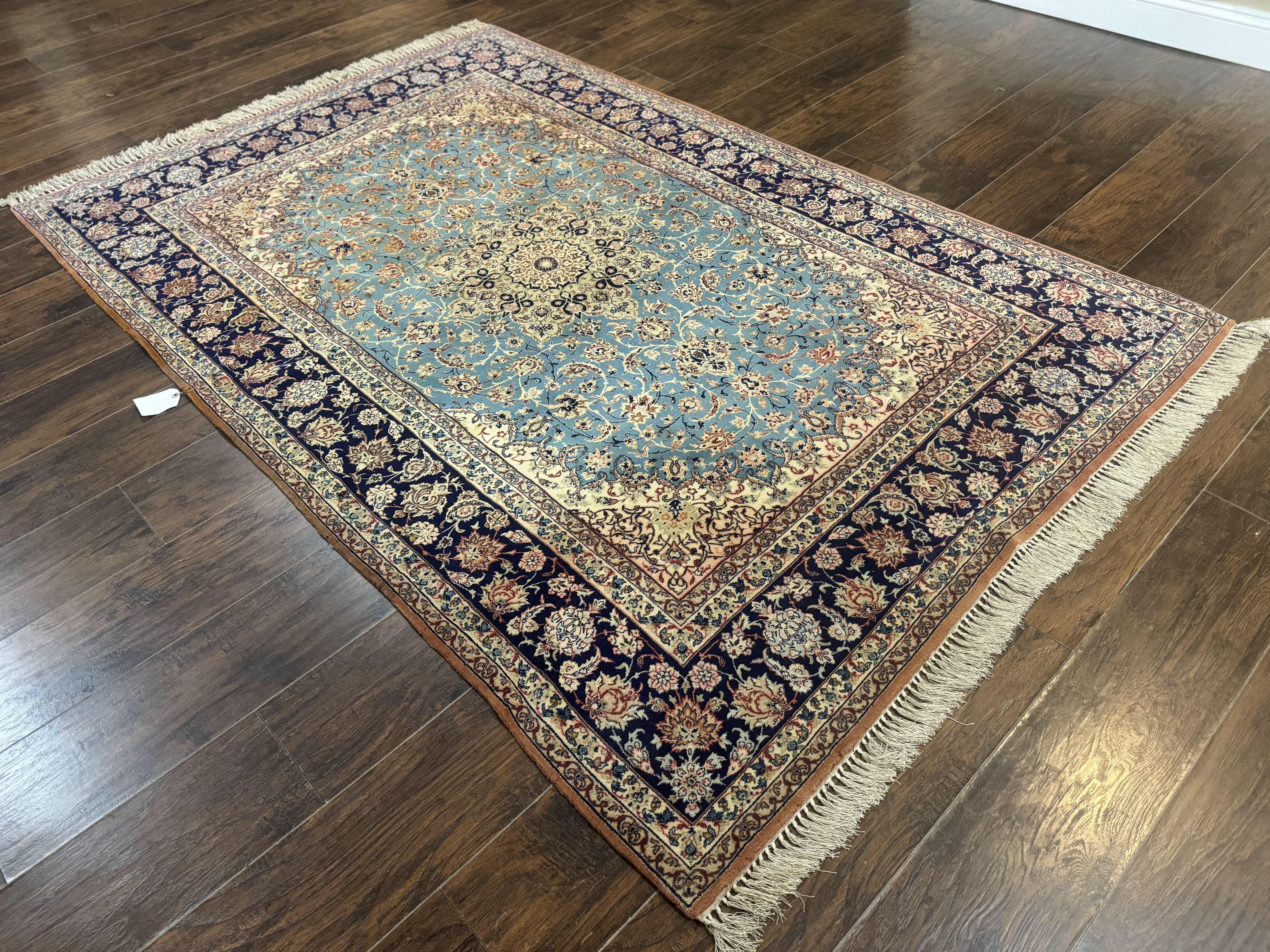 Light Blue Persian Isfahan Rug 5x8, Floral Medallion, Wool on Silk Foundation, Very Fine 530 KPSI, Handmade Carpet - Jewel Rugs