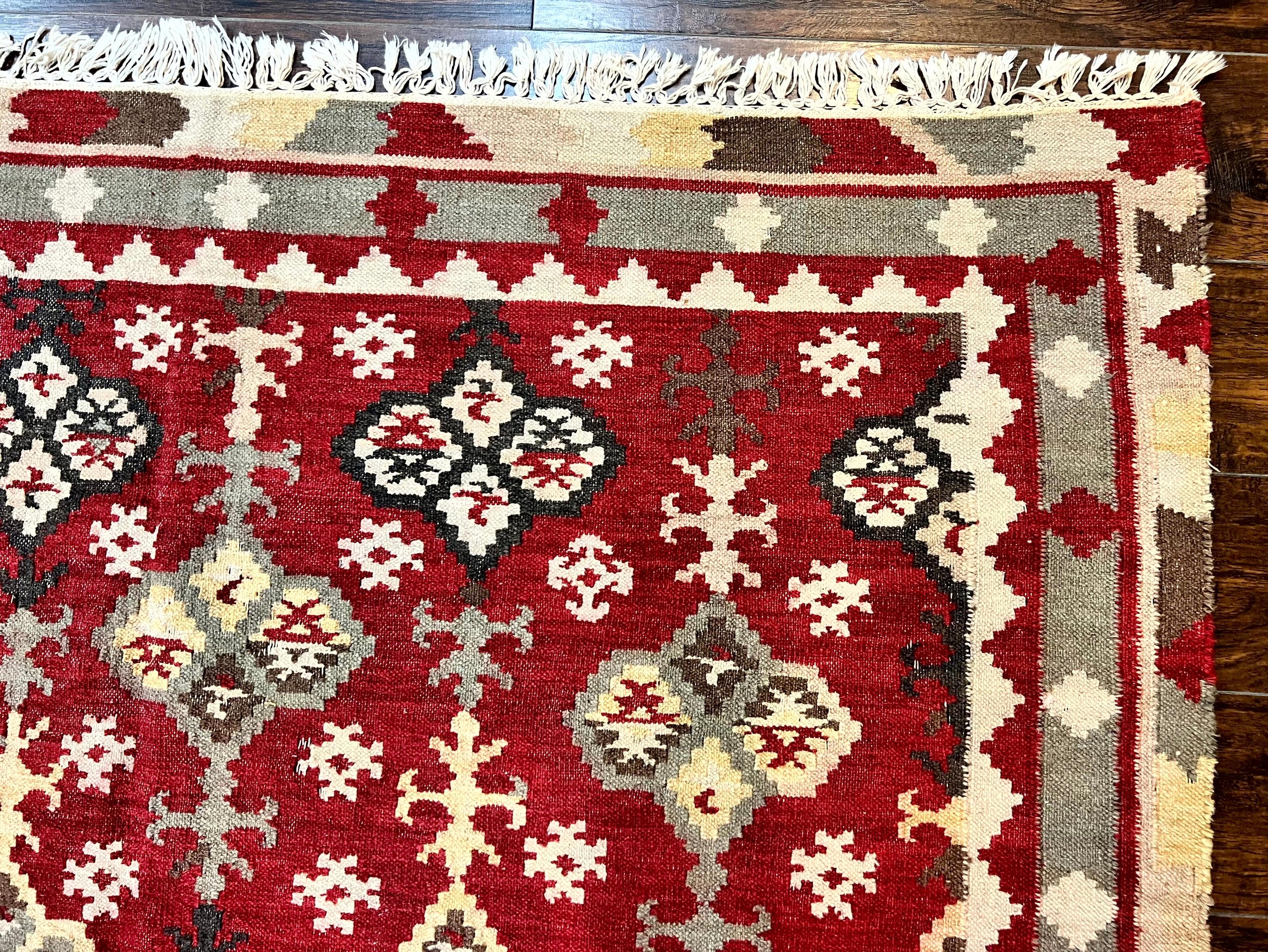 Indian Kilim Rug 6x6, Square Kilim Flatweave Carpet, Vintage Handmade Wool Rug, Red - Jewel Rugs