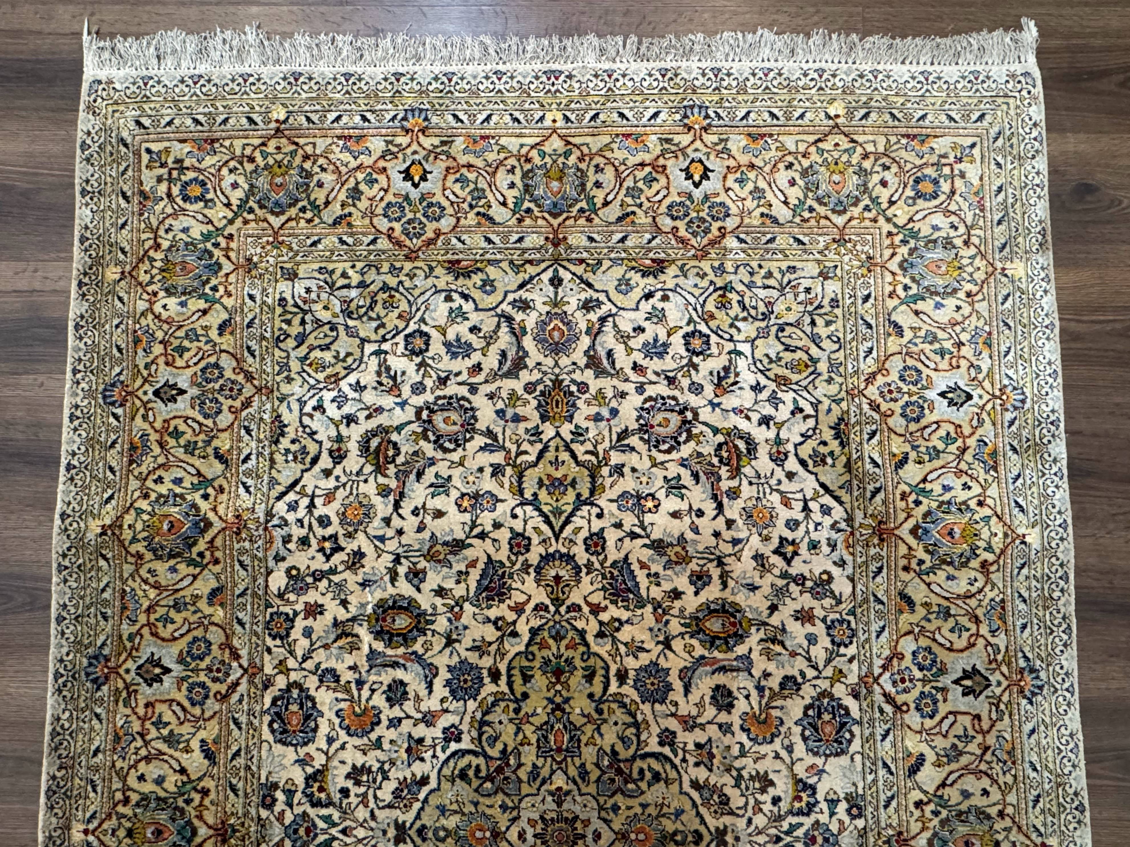 Rare Silk Persian Kashan Rug 4.6 x 7, Antique Fine 310 KPSI, Ivory - Jewel Rugs