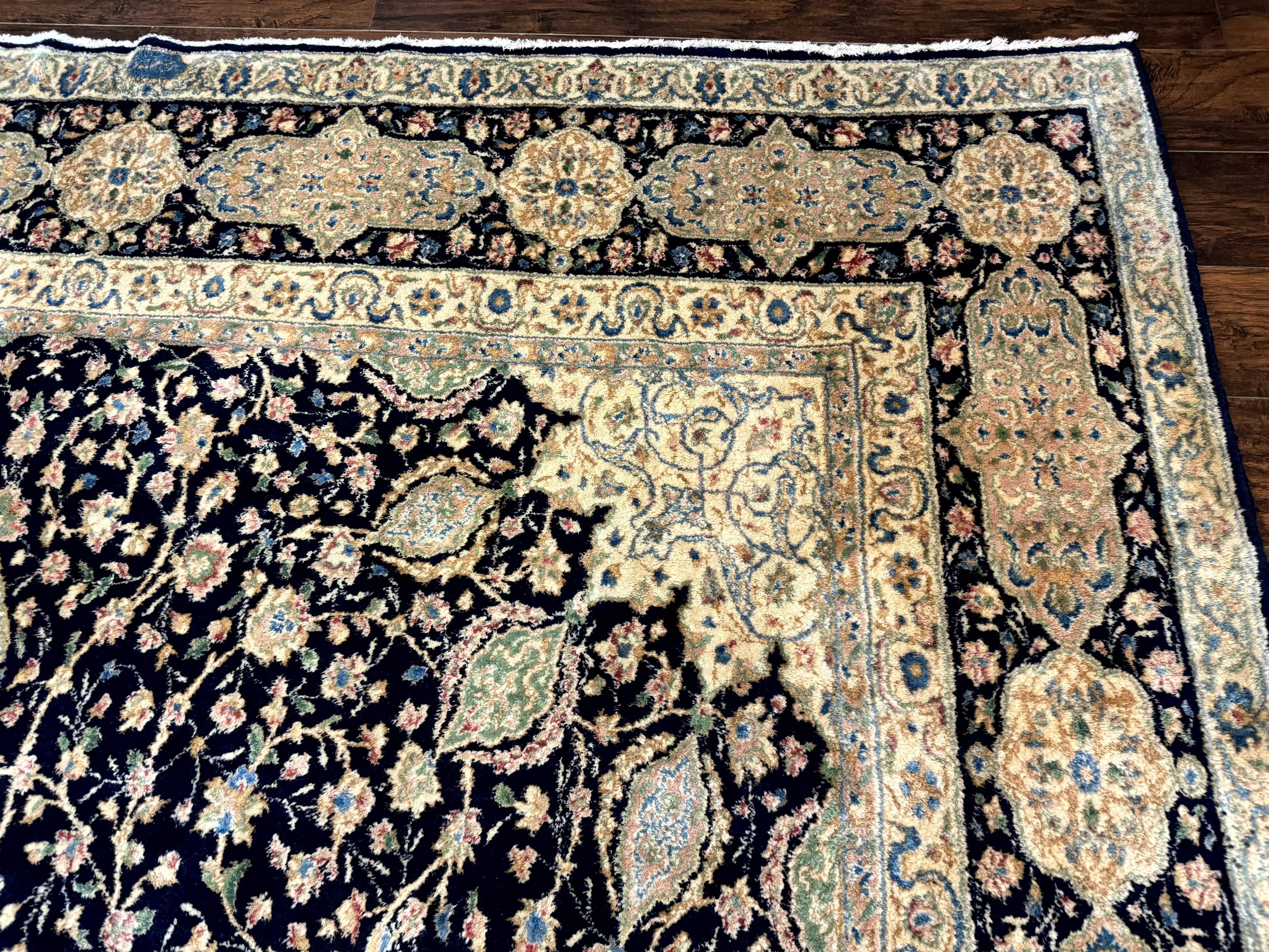 Large Persian Kerman Rug 10x14, Navy Blue and Beige, Floral Medallion, Traditional Elegant Persian Carpet, Signed by Masterweaver - Jewel Rugs