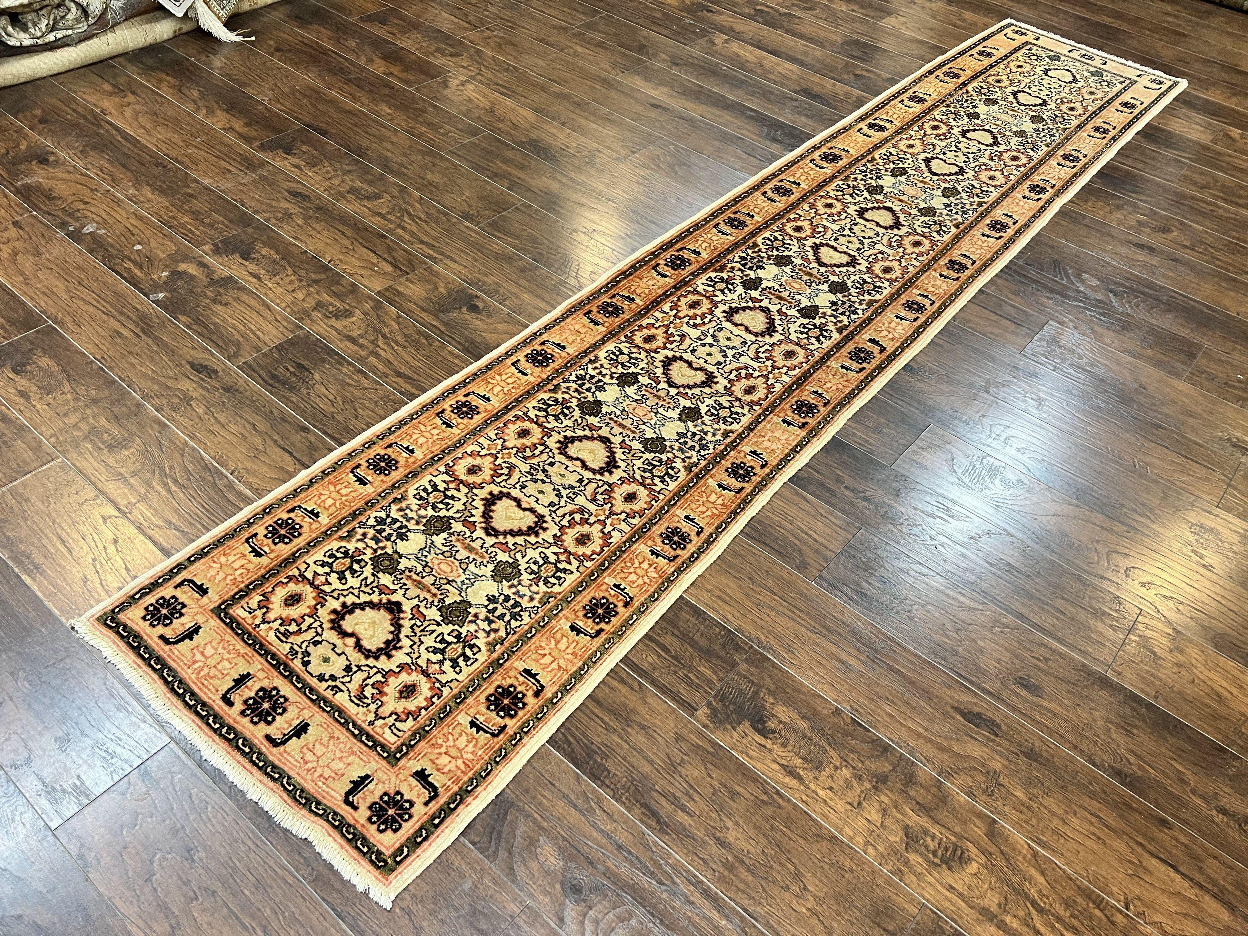 Romanian Runner Rug 2.6 x 12.9, Wool Handmade Hand Knotted Skinny Runner for Hallway, Floral Allover, Vintage Tan Runner - Jewel Rugs