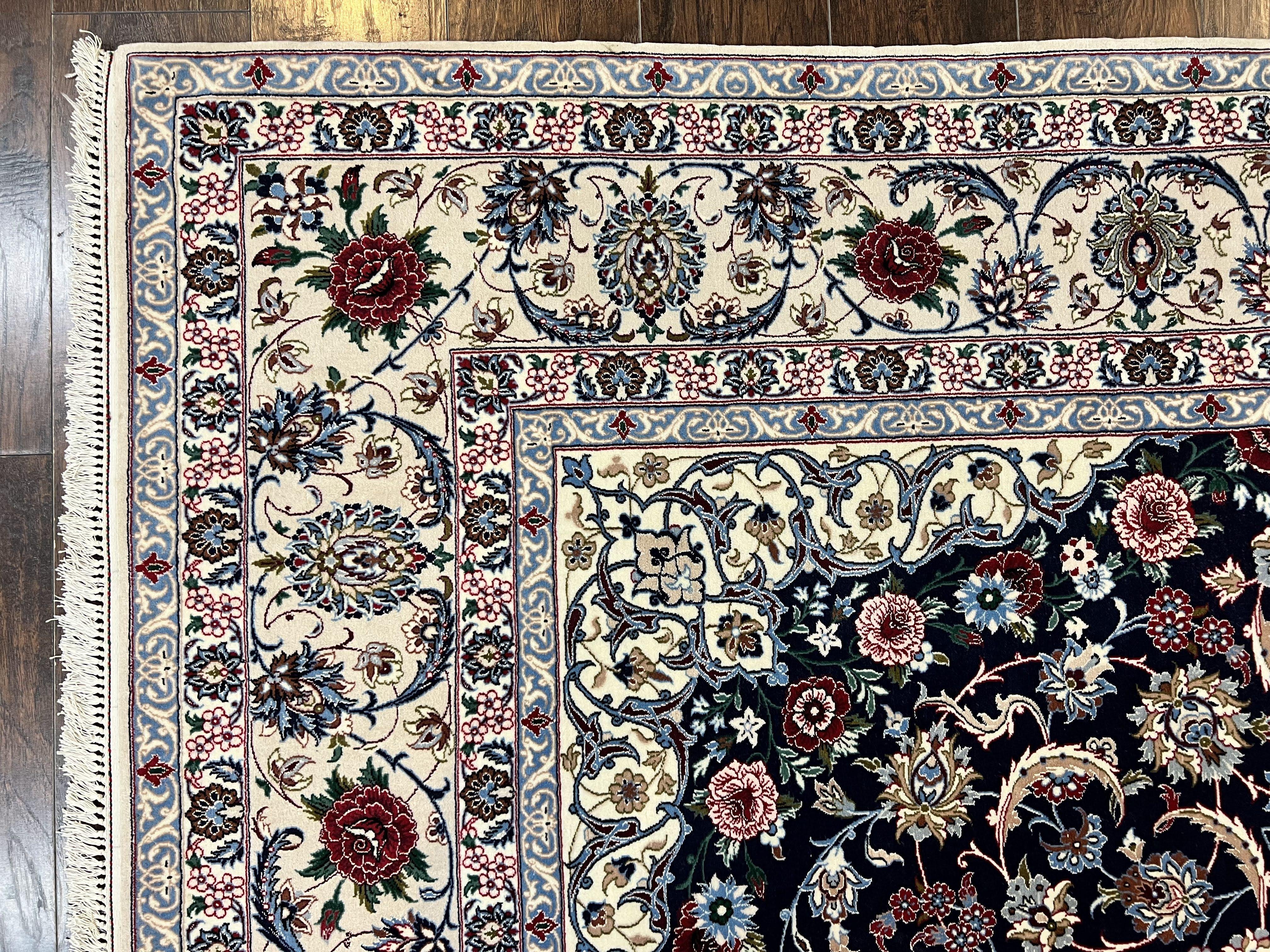 Marvelous Persian Isfahan Rug 7x10, Super Fine Hand Knotted Wool Oriental Carpet 7 x 10 ft, Navy Blue Ivory, Floral Medallion, Semi Antique Vintage - Jewel Rugs