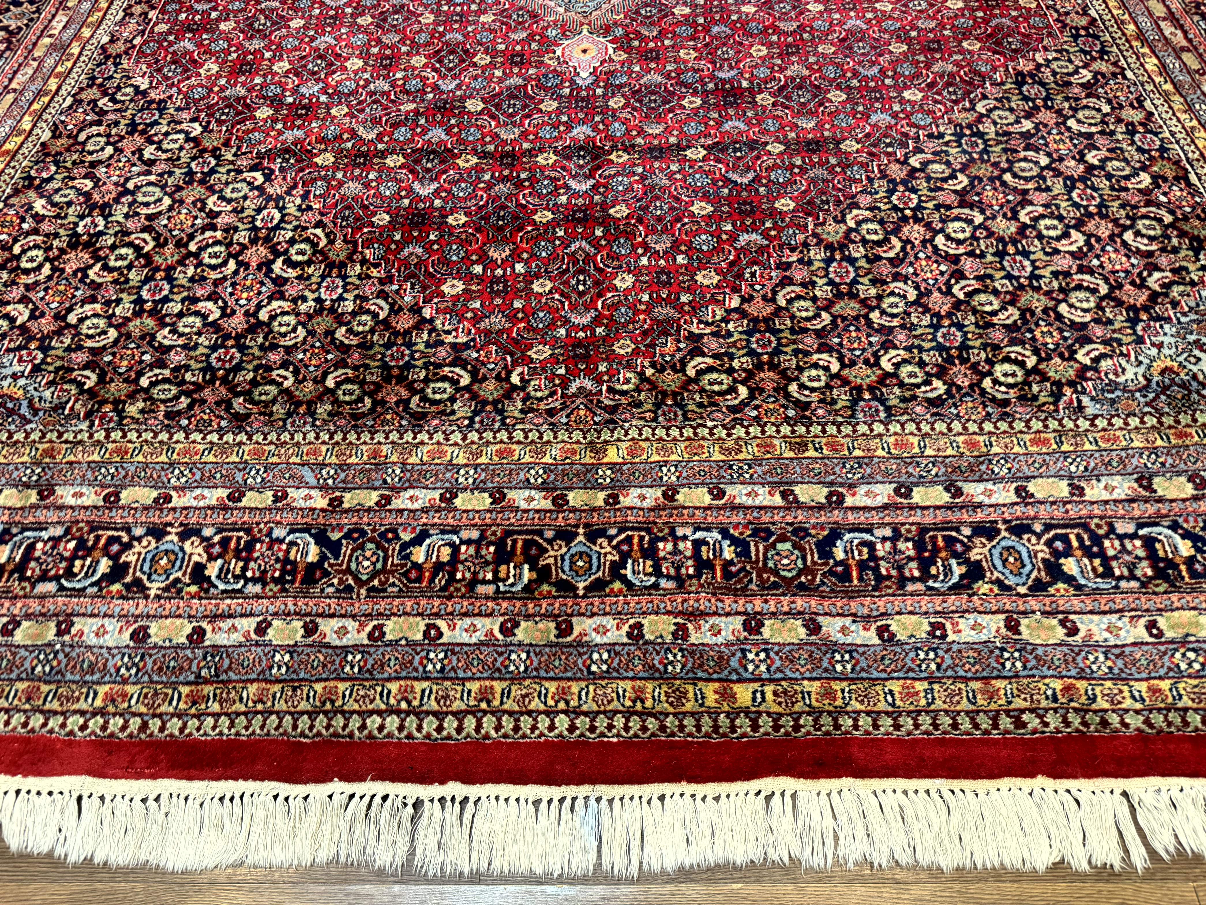 Indo Persian Bidjar Rug 10x14, Red and Dark Blue, Herati Mahi Pattern, Vintage - Jewel Rugs