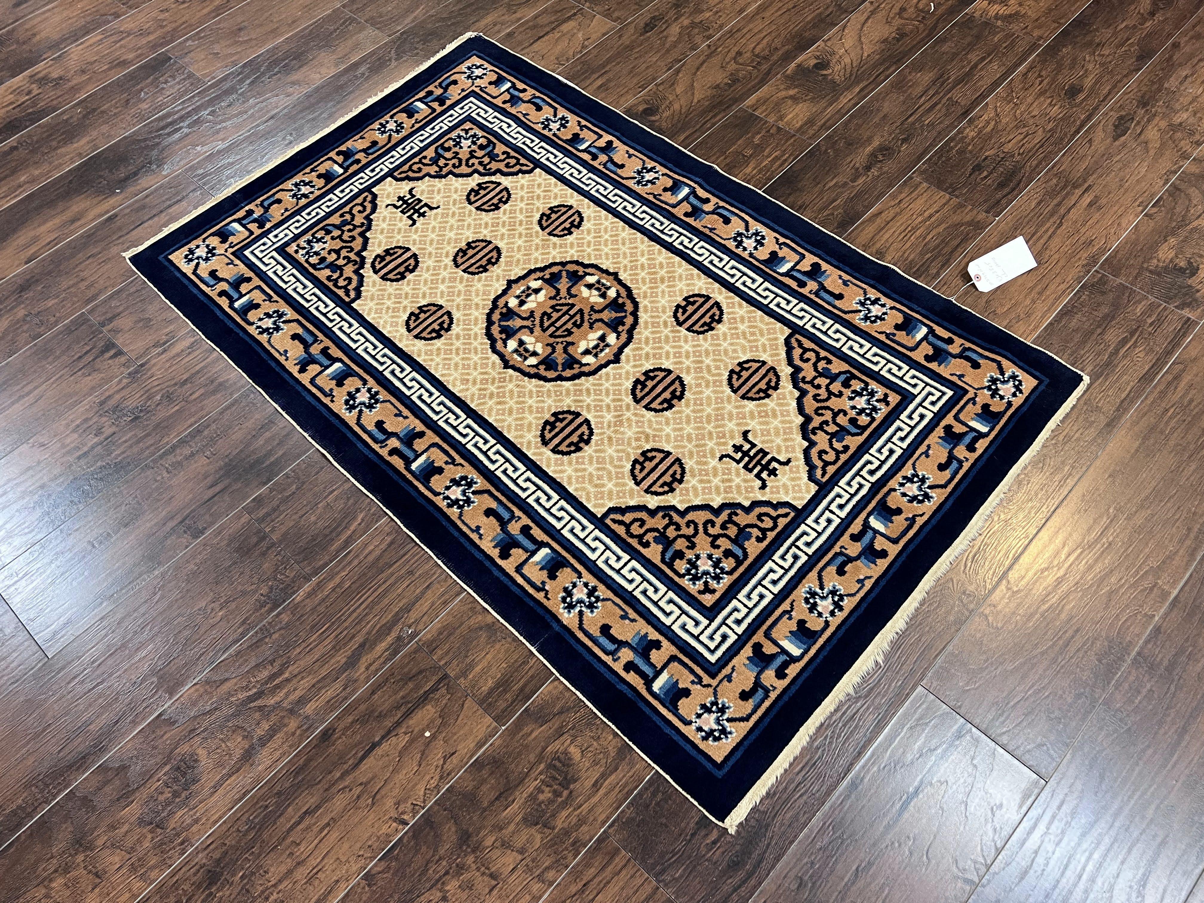Chinese Peking Rug 3x5, Antique Chinese Art Deco Carpet, Blue Ivory Tan, Hand Knotted Wool Asian Oriental Rug 3 x 5 Vintage Small Peking Rug - Jewel Rugs
