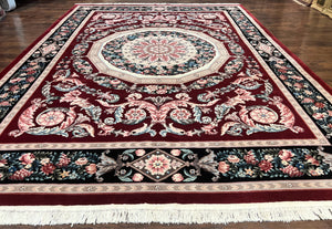 Chinese Aubusson Rug 9x12, Burgundy, Handmade Vintage Wool Carpet, Fine 210 KPSI, Elegant European Design