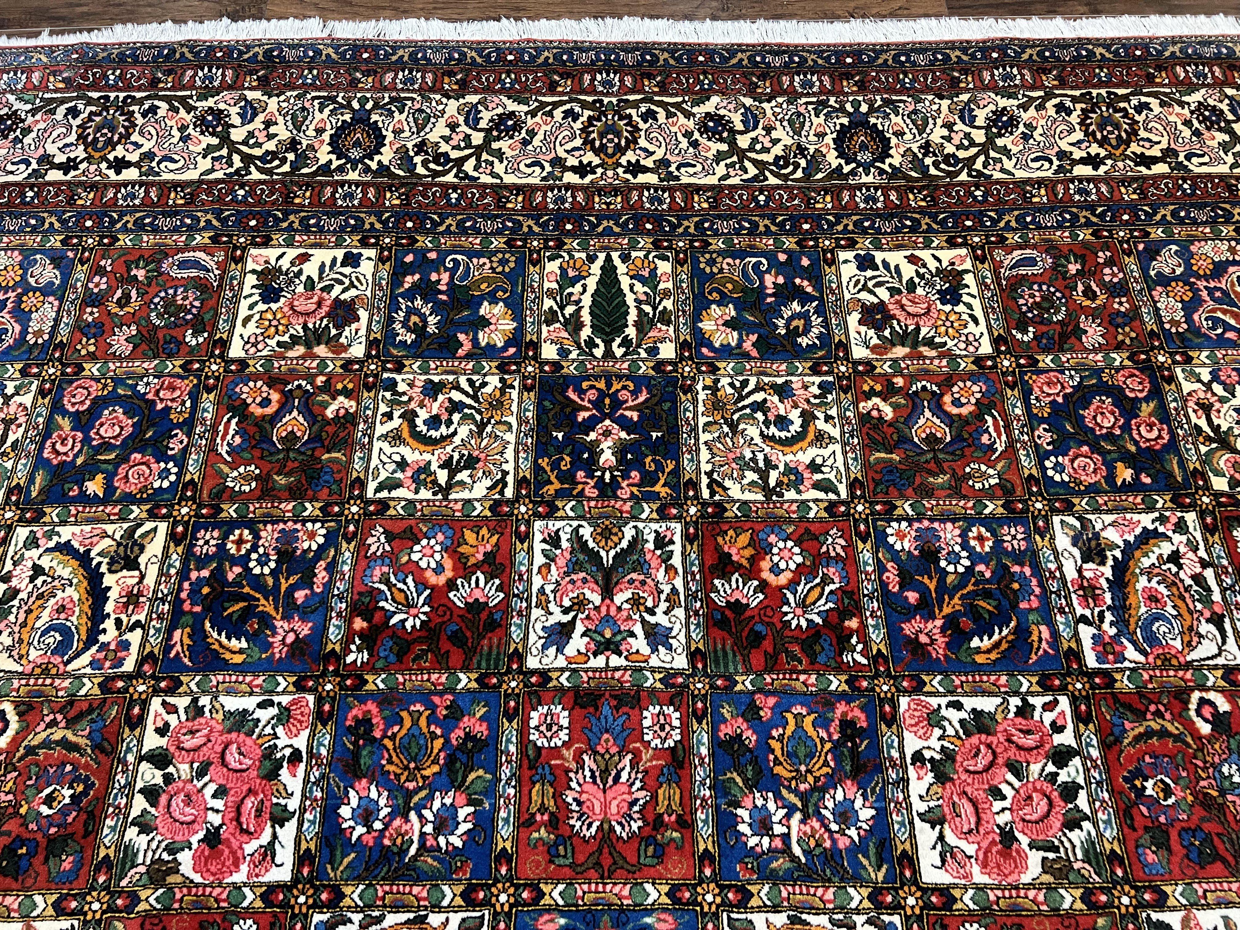 Persian Bakhtiari Rug 10x14, Wool Hand Knotted Vintage Carpet, Multicolor Khesti Panel Design, Large Room Sized Semi Antique Oriental Rug 10 x 14 - Jewel Rugs