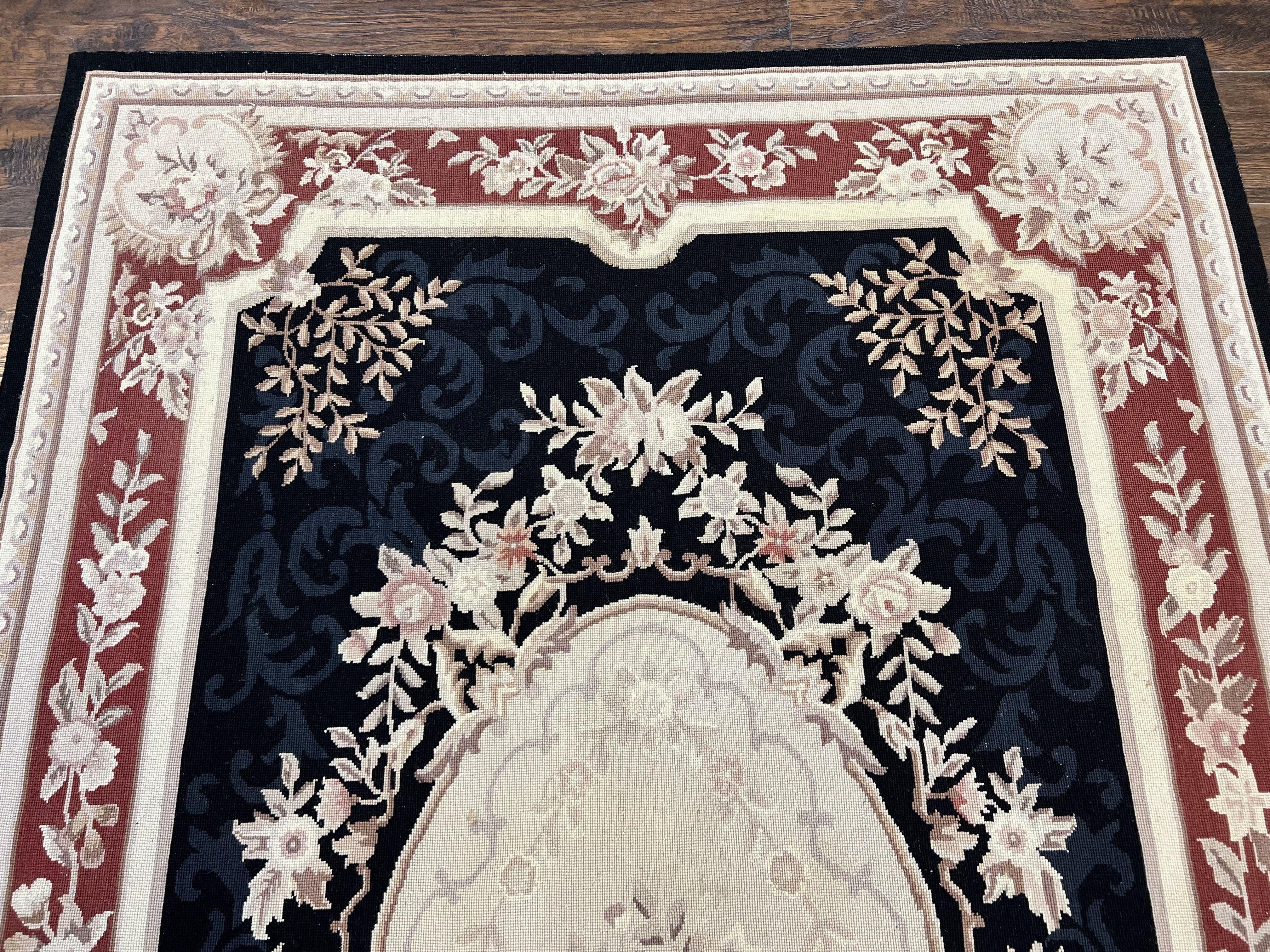 Needlepoint Rug 5x8, Wool Handmade Vintage European Design Carpet, Black & Maroon, French Aubusson Pattern Flatweave Rug - Jewel Rugs