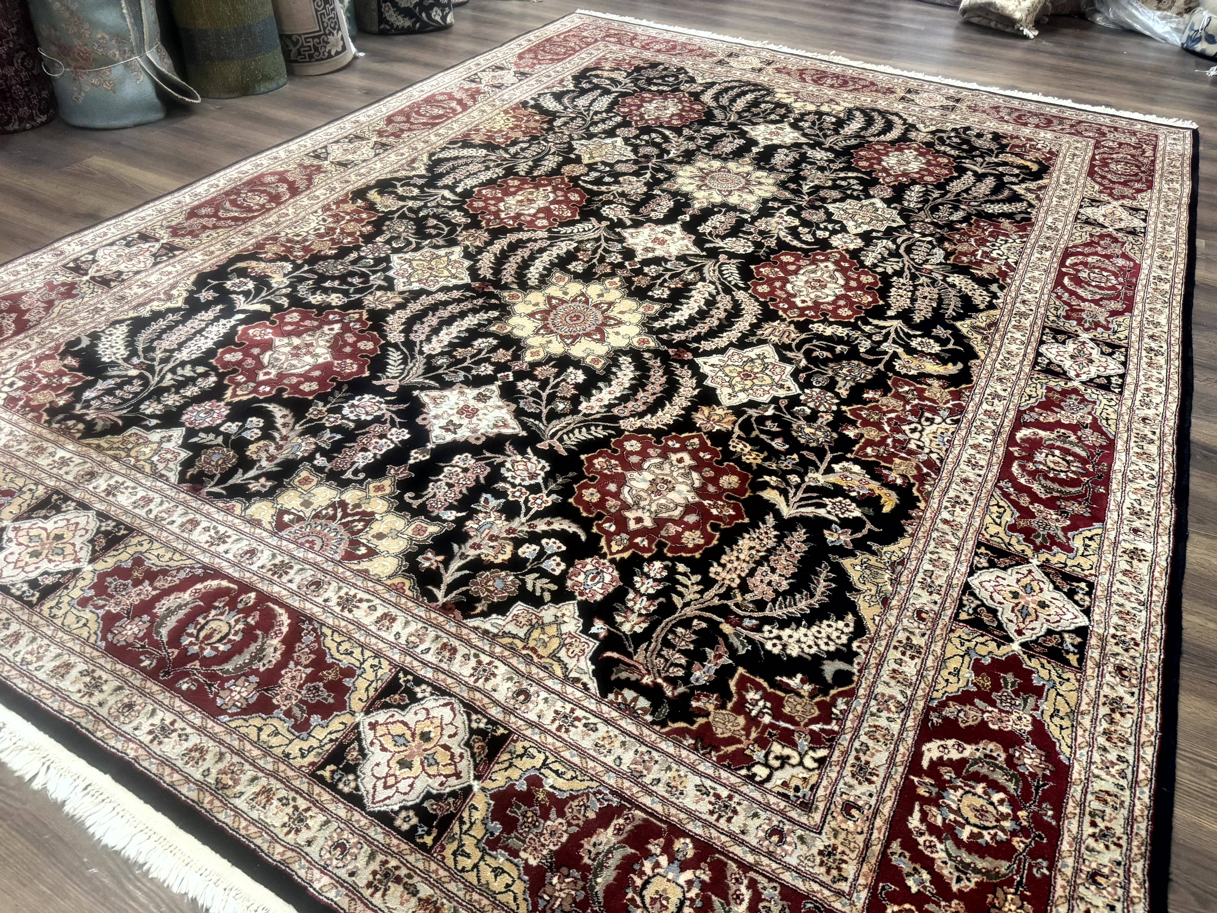 Sino Persian Rug 9x12, Black & Maroon, Wool and Silk, Allover Pattern - Jewel Rugs