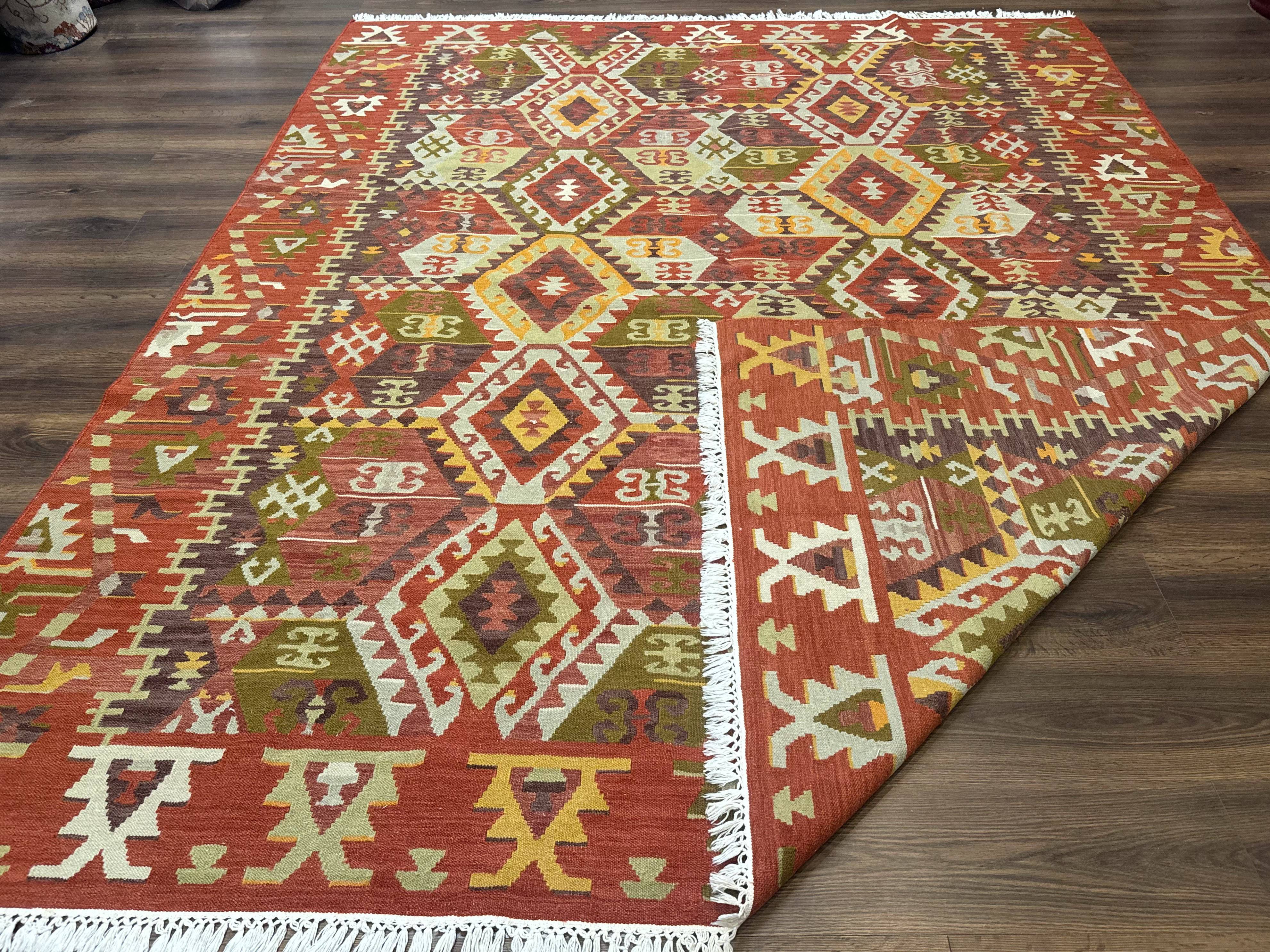 Turkish Kilim Rug 8x10, Geometric Design, Large Kilim Carpet - Jewel Rugs