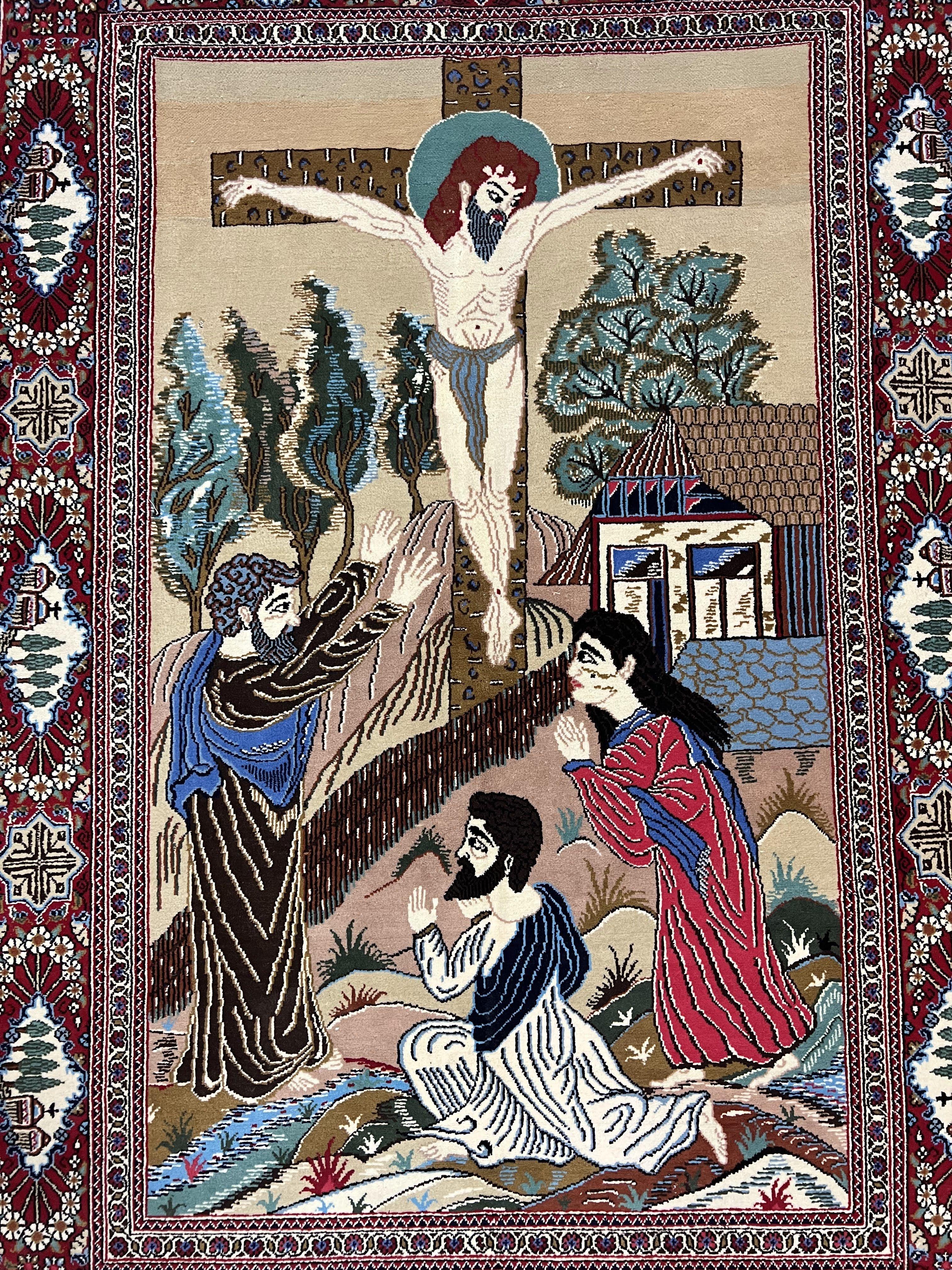 Persian Kashan Pictorial Rug 3x5 - Jesus on Cross - Jewel Rugs