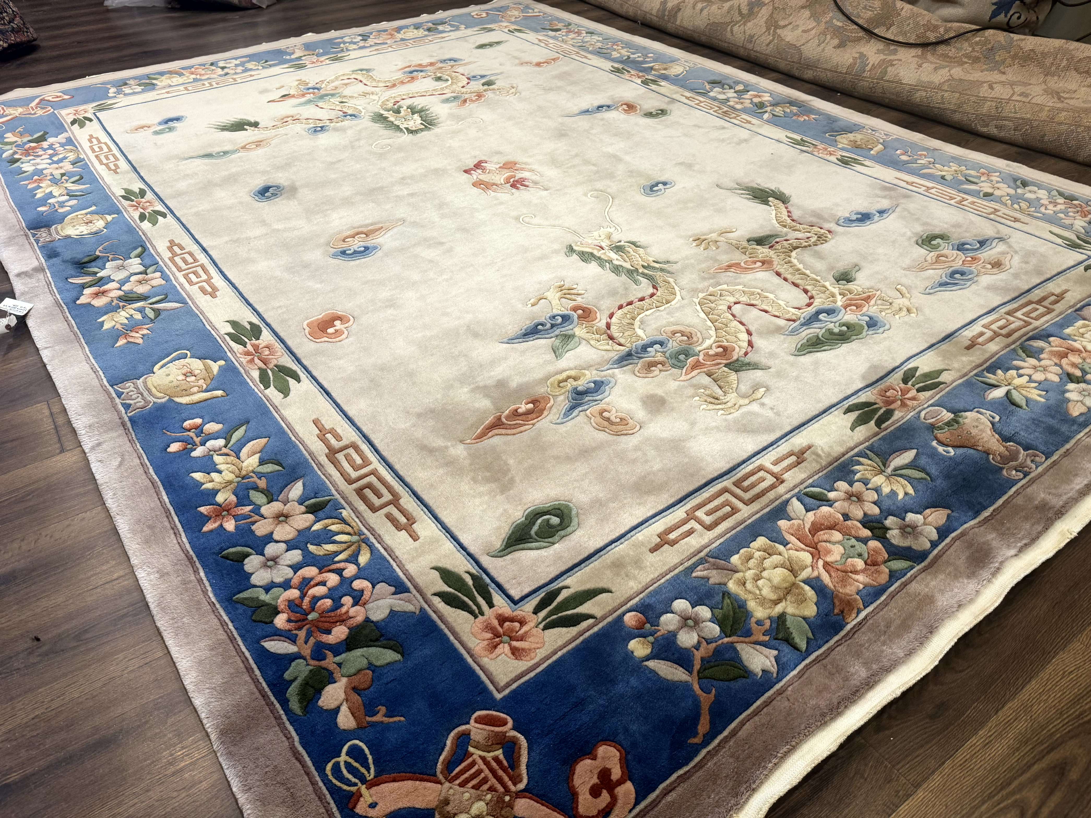 Chinese Wool Rug 9x12 with Dragons, Vintage Chinese 90 Line Carpet - Jewel Rugs