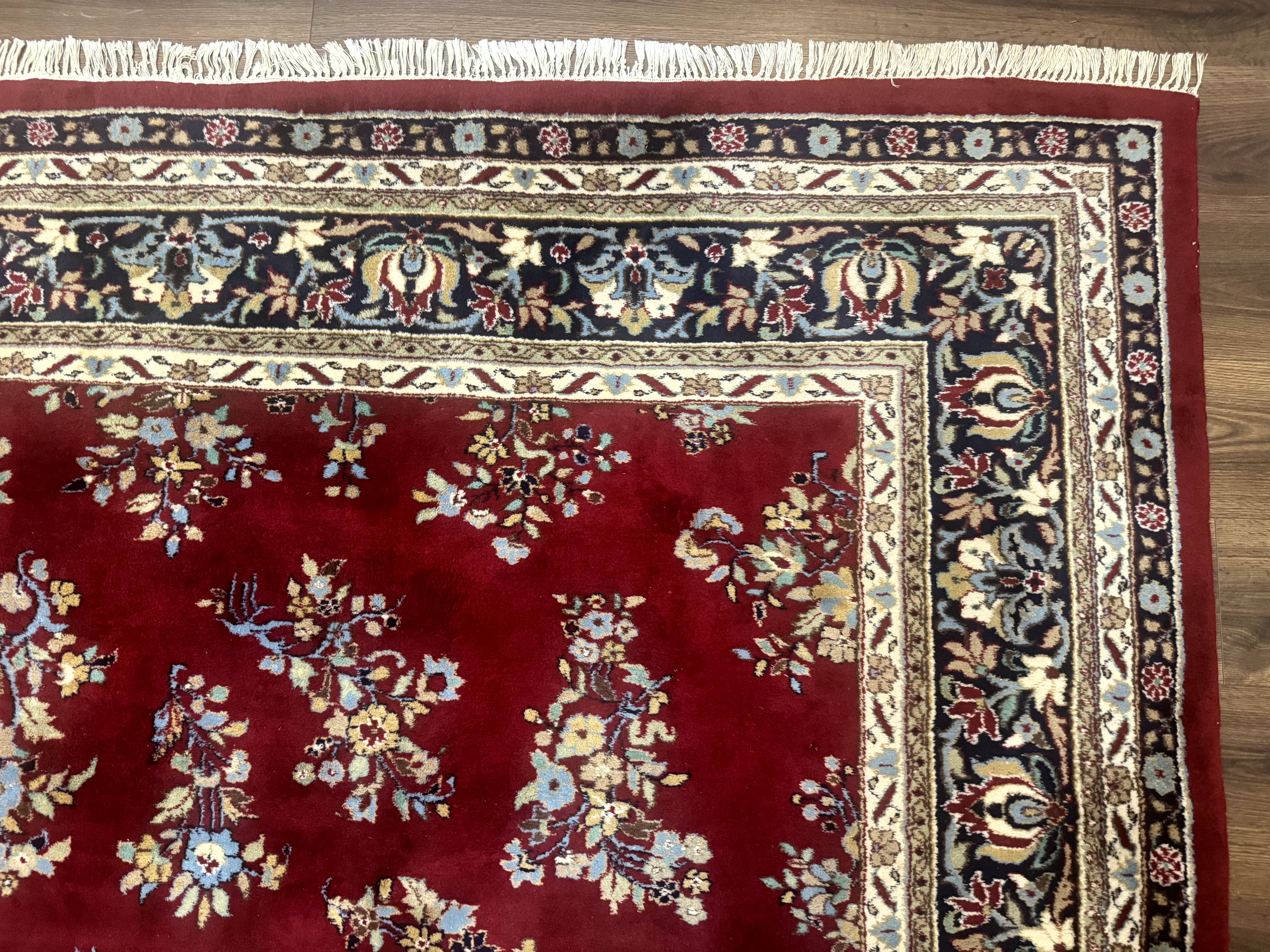 Indo Persian Sarouk Rug 10x14, Large Red and Navy Blue Carpet, Traditional Floral Wool Rug - Jewel Rugs