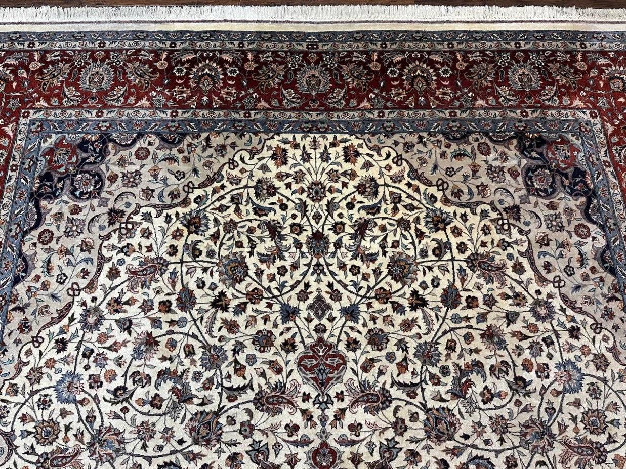 Sino Persian Rug 9x12, Vintage Wool Oriental Carpet, Floral Medallion, Wool Rug, Cream and Maroon - Jewel Rugs