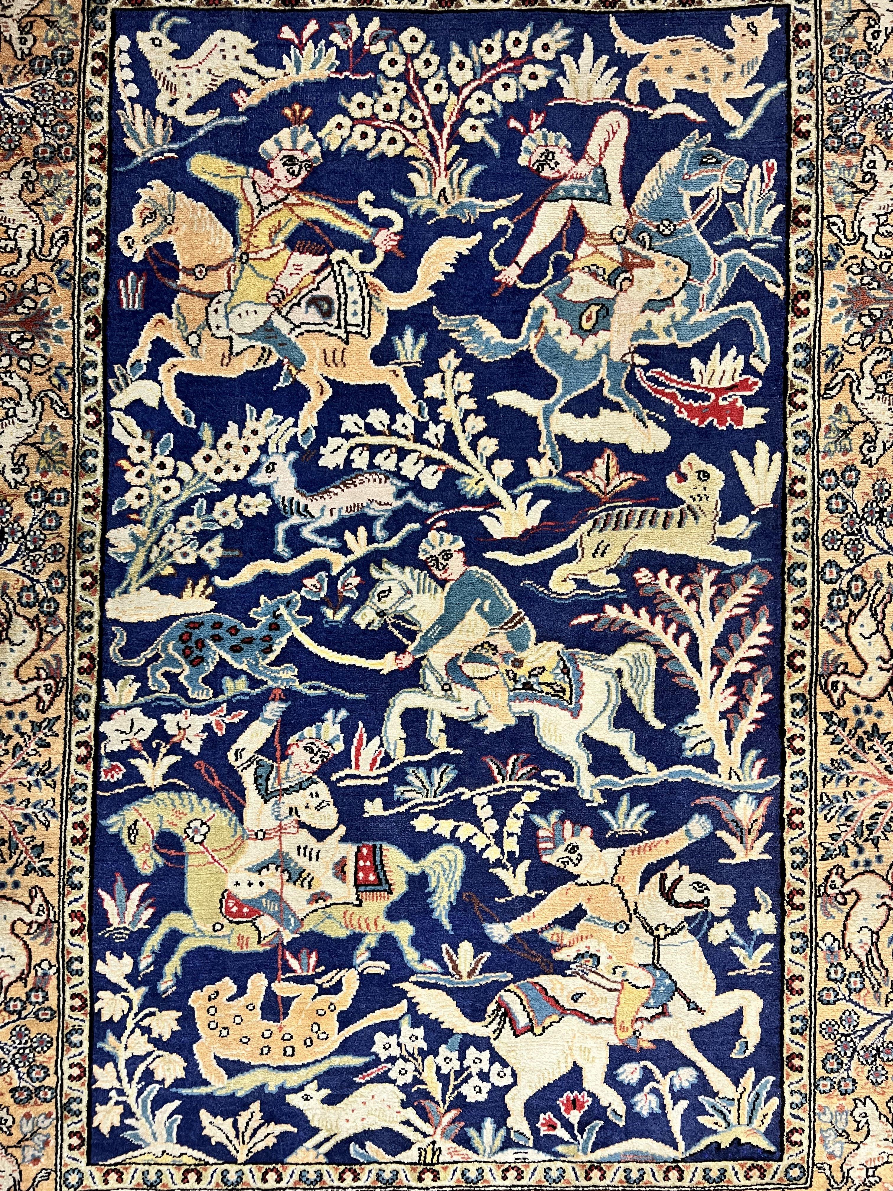 Persian Qum Hunting Design Rug 4x5, Wool Hand Knotted Vintage Oriental Carpet, Navy Blue & Mustard, Horsemen Animal Pictorials, Rare - Jewel Rugs