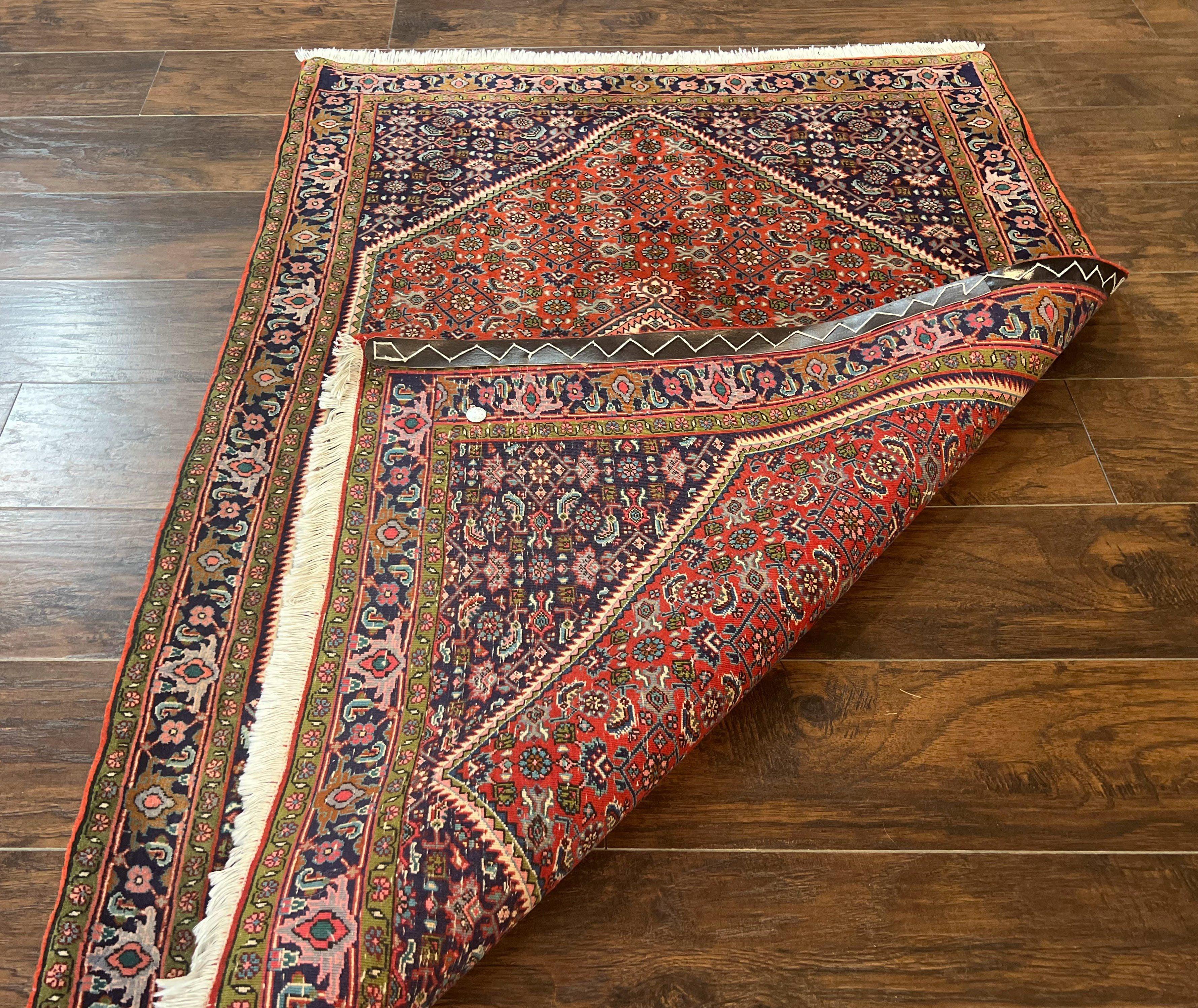 Persian Bidjar Rug 4x5, Finely Hand Knotted Vintage Carpet, Red and Navy Blue, Handmade Wool Rug, 180 KPSI - Jewel Rugs