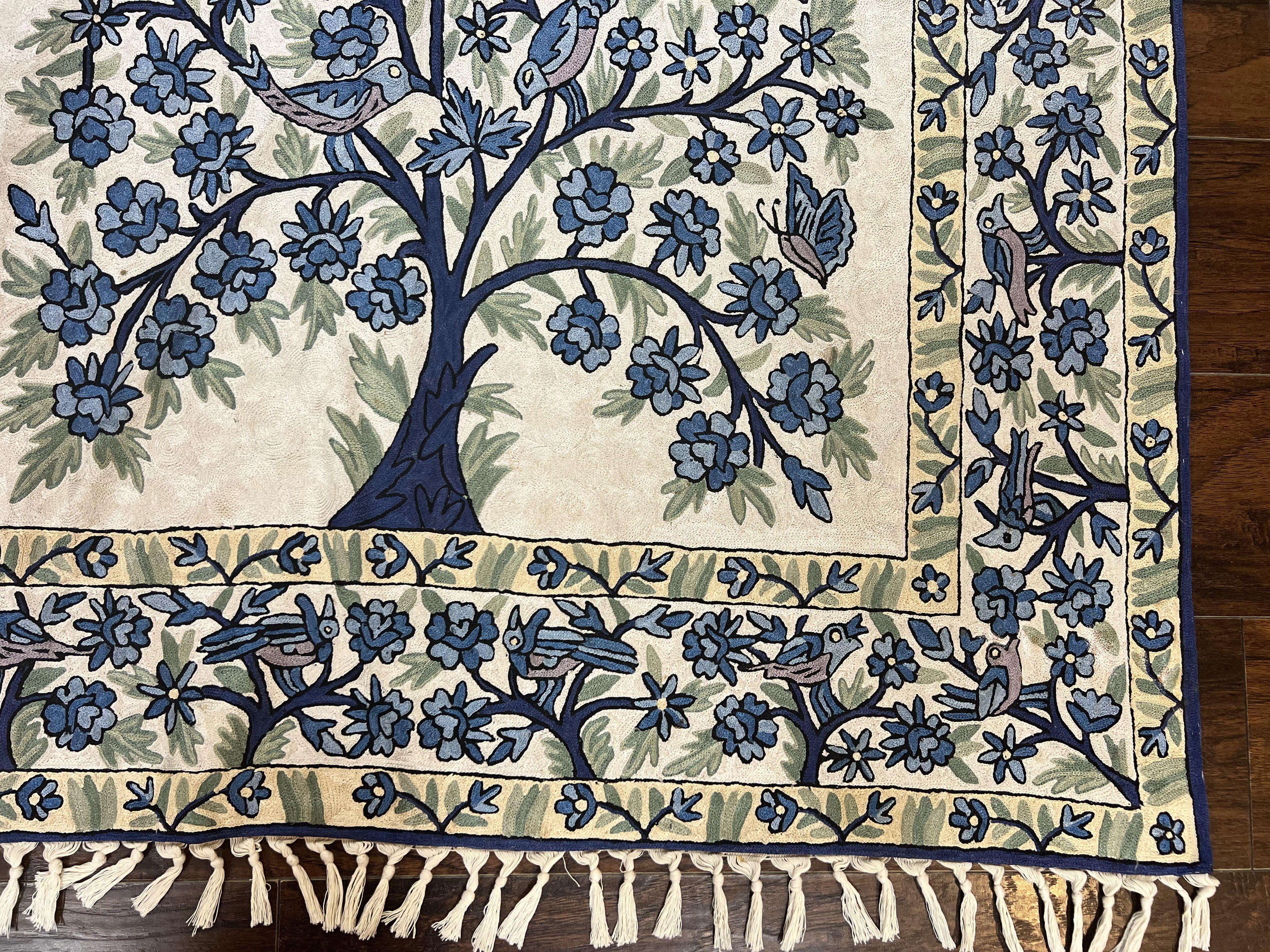Tree of Life Indian Hand Stitched Rug 4x6, Indian Wall Hanging Rug, Ivory Blue, Silk on Cotton, Vintage - Jewel Rugs