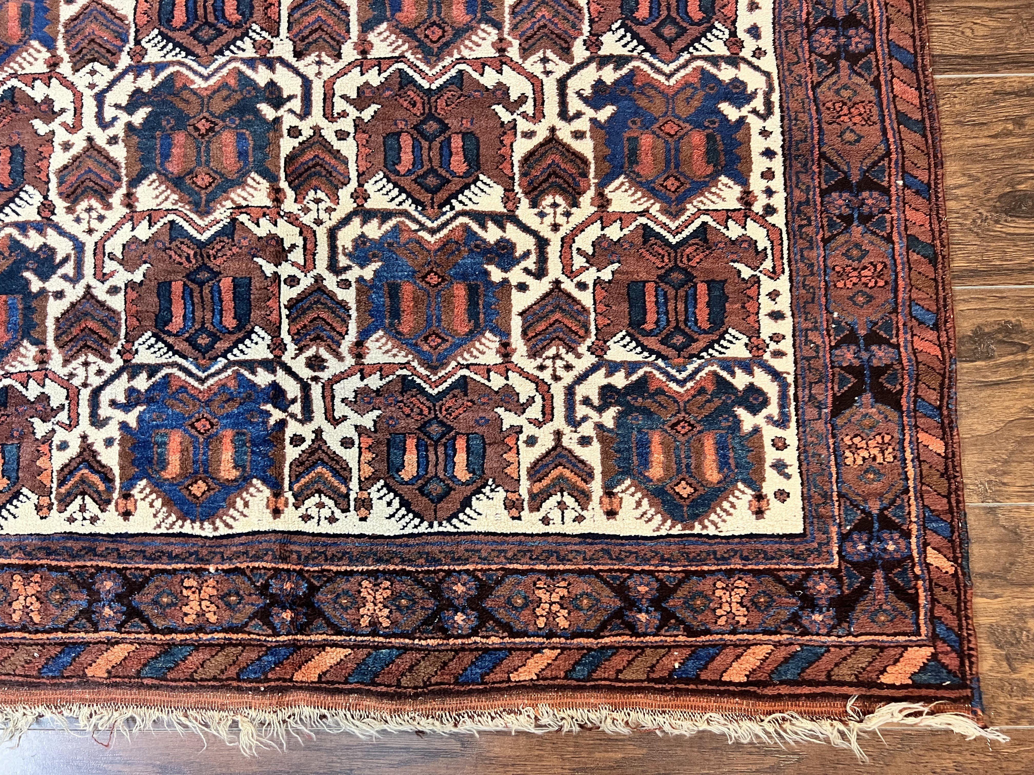 Persian Afshar Rug 4x5, Repeated Motif, Ivory & Burgundy, Wool Tribal Oriental Carpet, Handmade Vintage Semi Antique Medium Sized Rug - Jewel Rugs