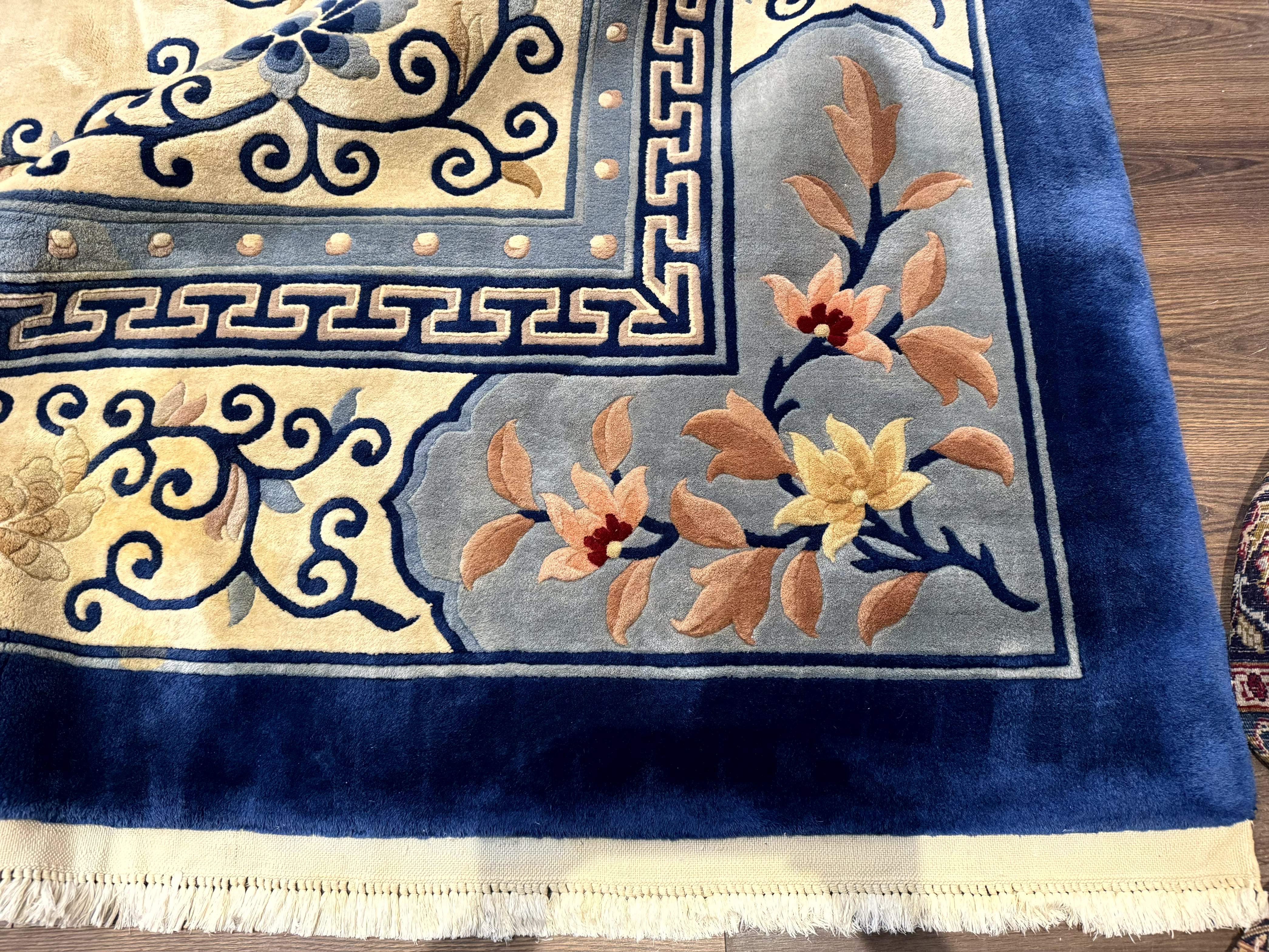 Palace Size Chinese Wool Rug 12x19 – Ivory and Blue, Dragons, Vintage Carpet - Jewel Rugs