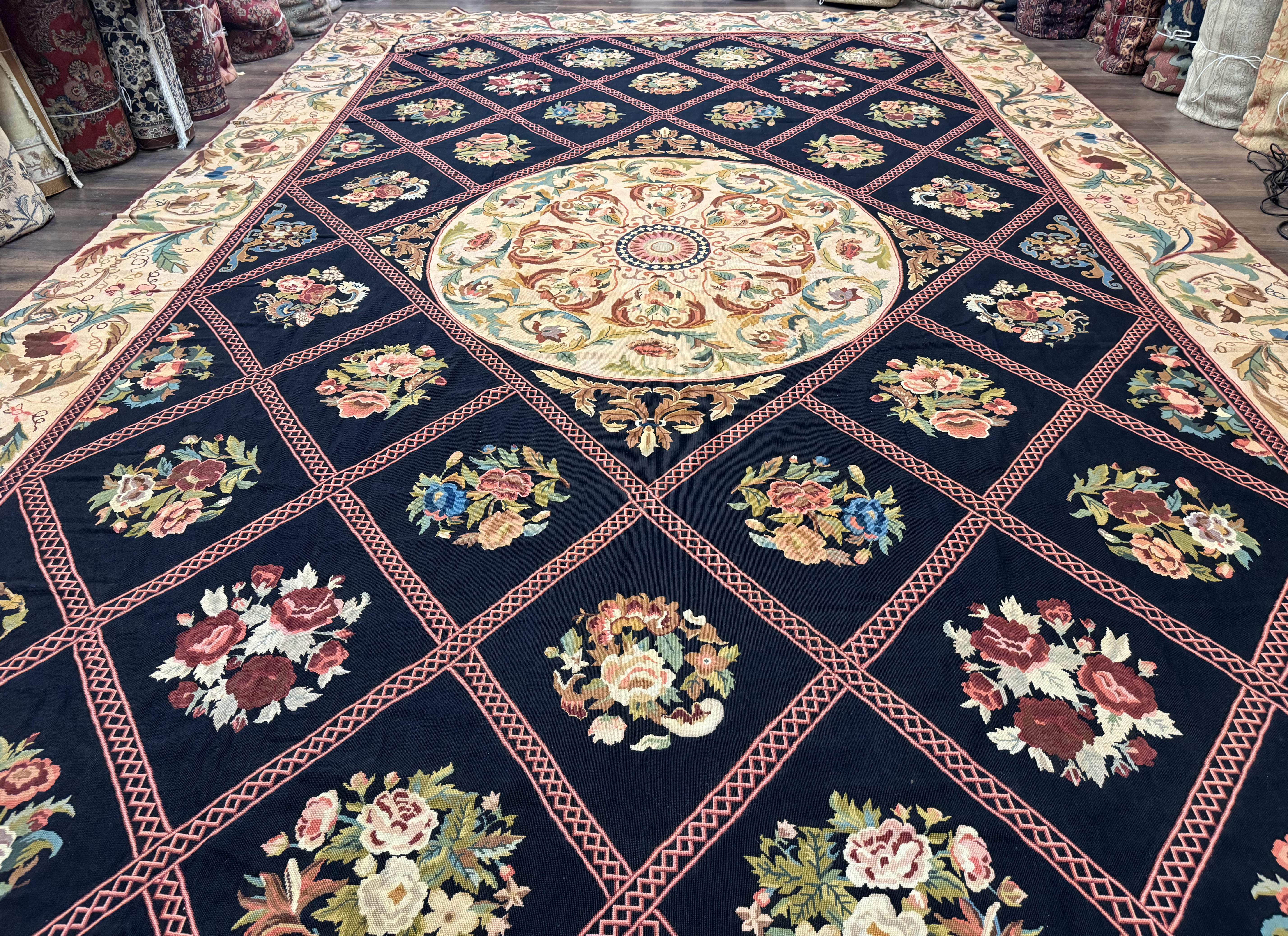Palace Size Needlepoint Rug 12x20, European French English Aubusson Floral Design, Black and Beige - Jewel Rugs