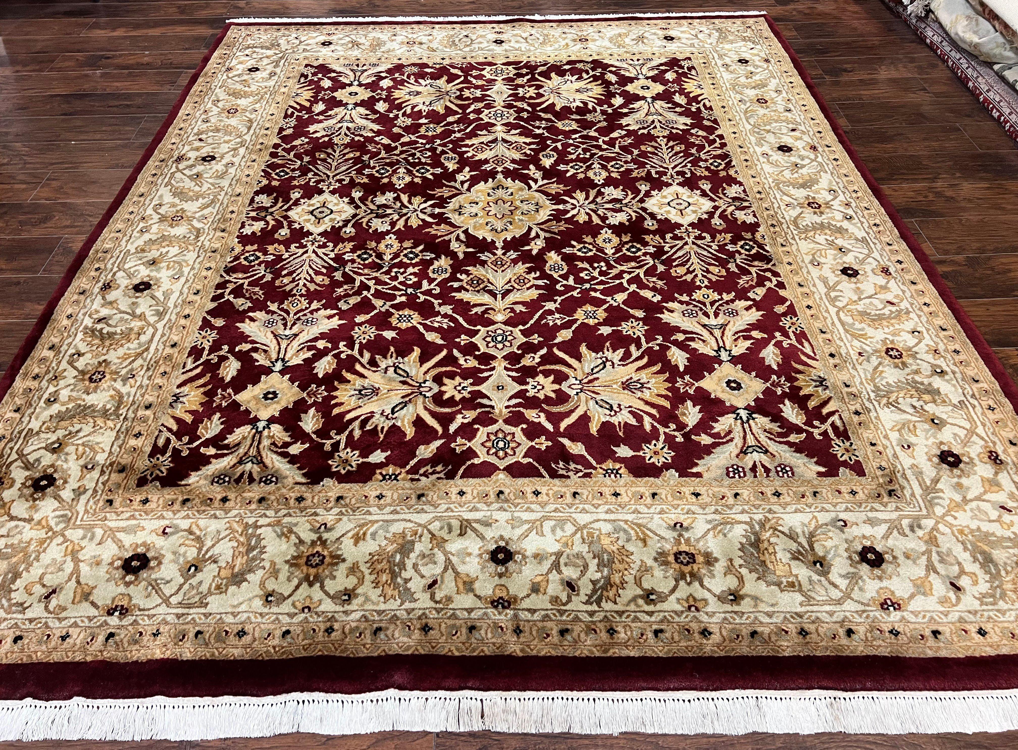 Vintage Indo Mahal Rug 8x10, Hand Knotted Wool Maroon & Beige Indian Agra Oriental Carpet, 8x10 ft Traditional Handmade Area Rug, Room Sized - Jewel Rugs