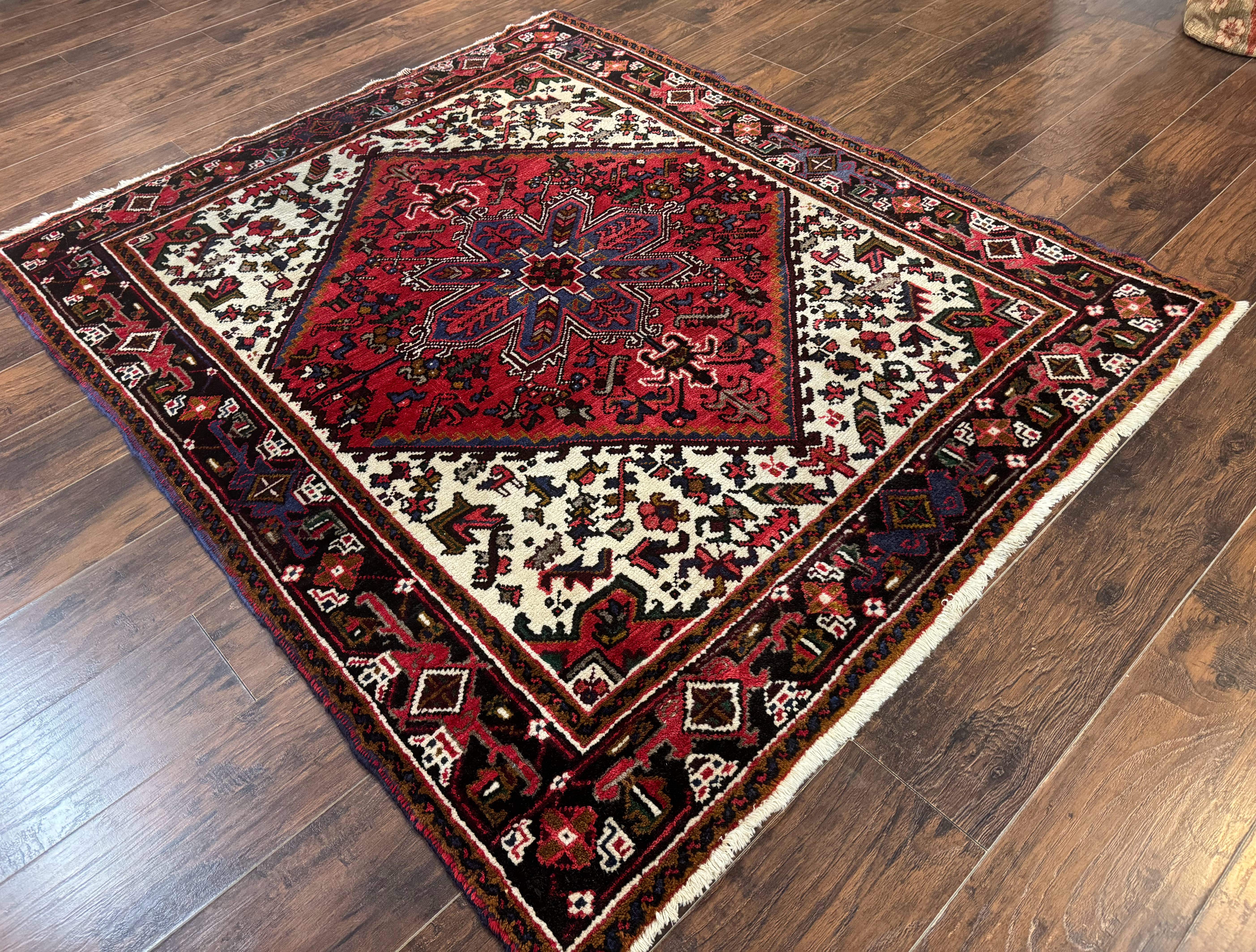 Persian Heriz Rug 5x6 – Red and Ivory, Hand-Knotted Wool, Vintage Geometric Carpet - Jewel Rugs