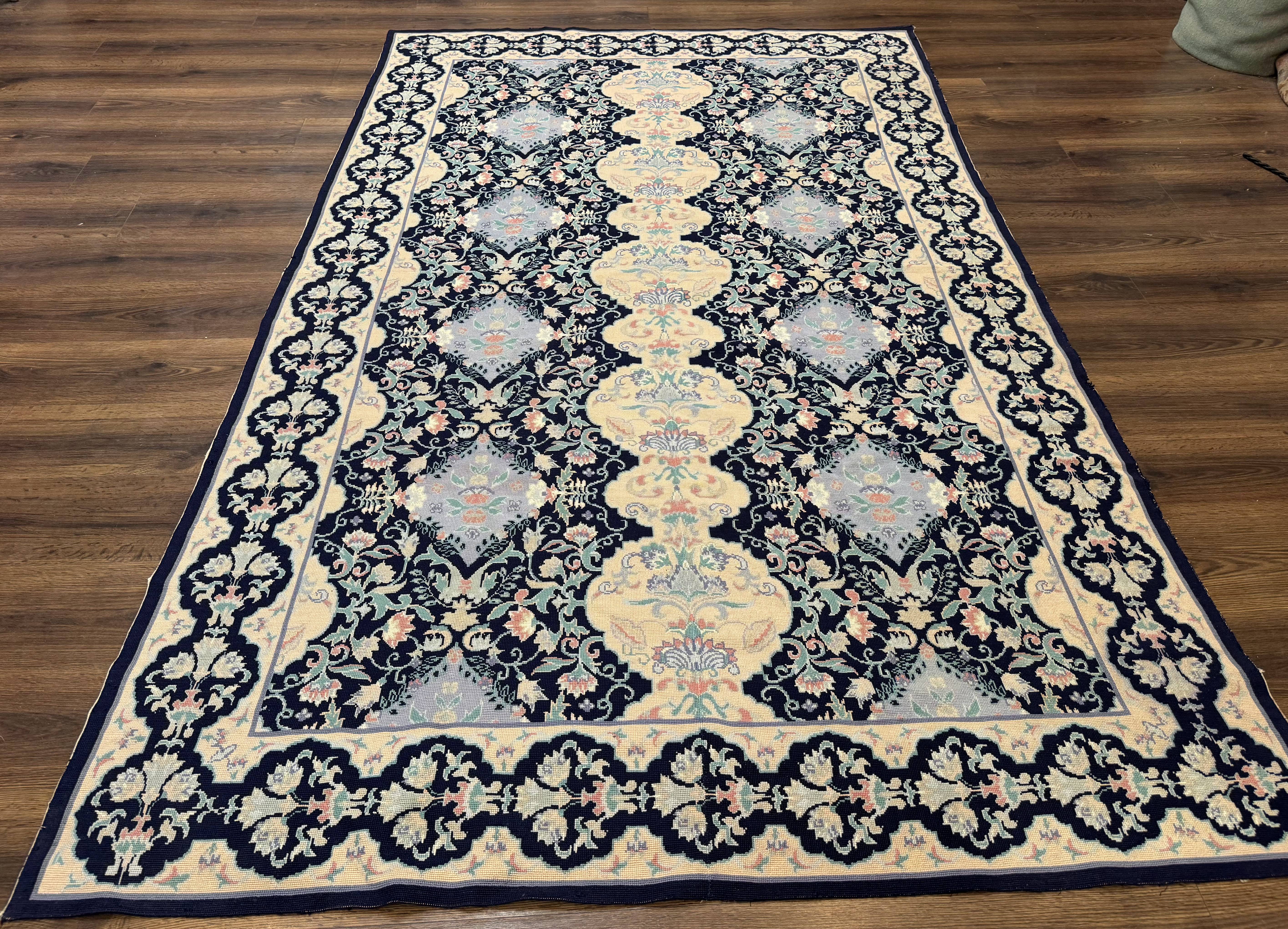 Needlepoint Rug 6x9, Ivory and Navy Blue - Jewel Rugs