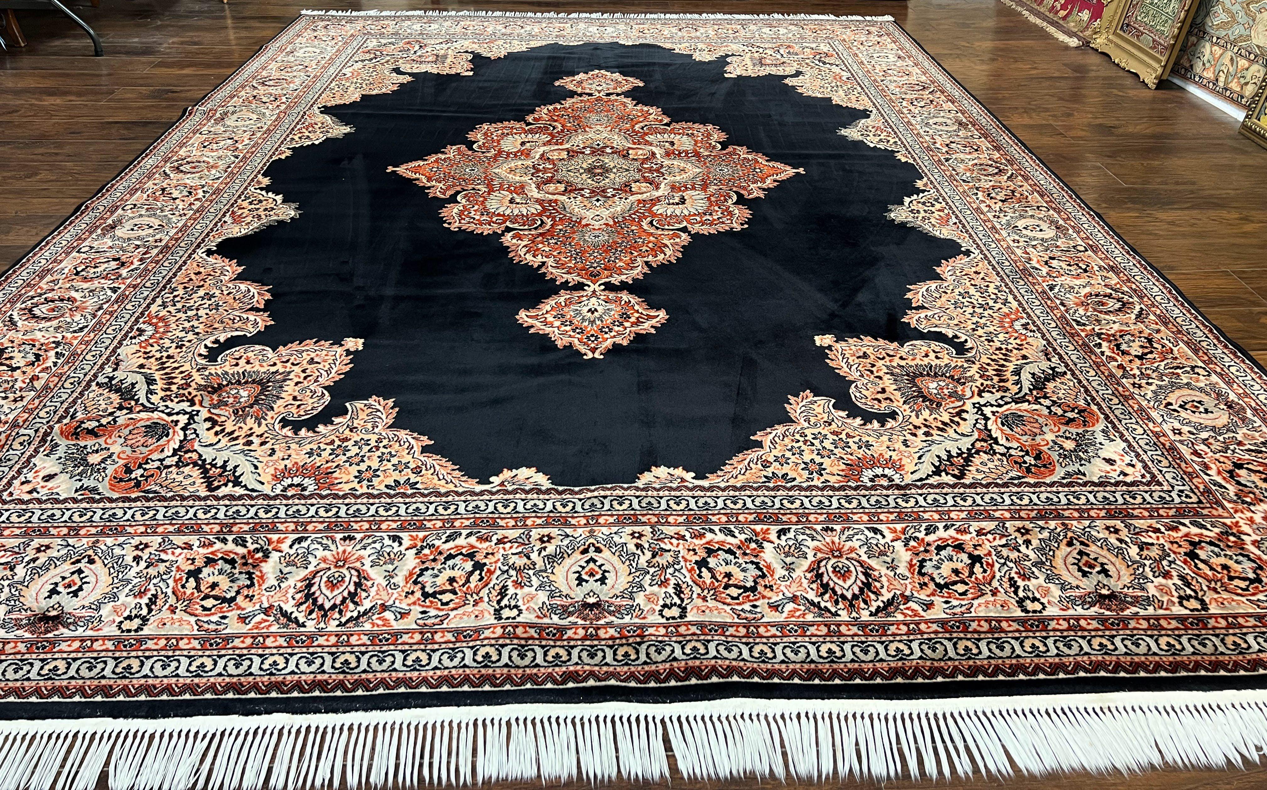 Karastan Rug 10x13, Karastan Ebony Kirman Rug, Room SIzed Wool Pile Vintage Karastan Carpet, Belgium Power Loomed Rug, Black Semi Open Field - Jewel Rugs
