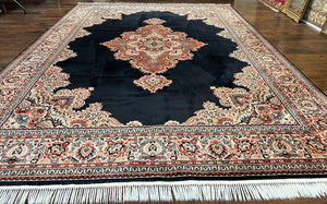 Karastan Rug 10x13, Karastan Ebony Kirman Rug, Room SIzed Wool Pile Vintage Karastan Carpet, Belgium Power Loomed Rug, Black Semi Open Field