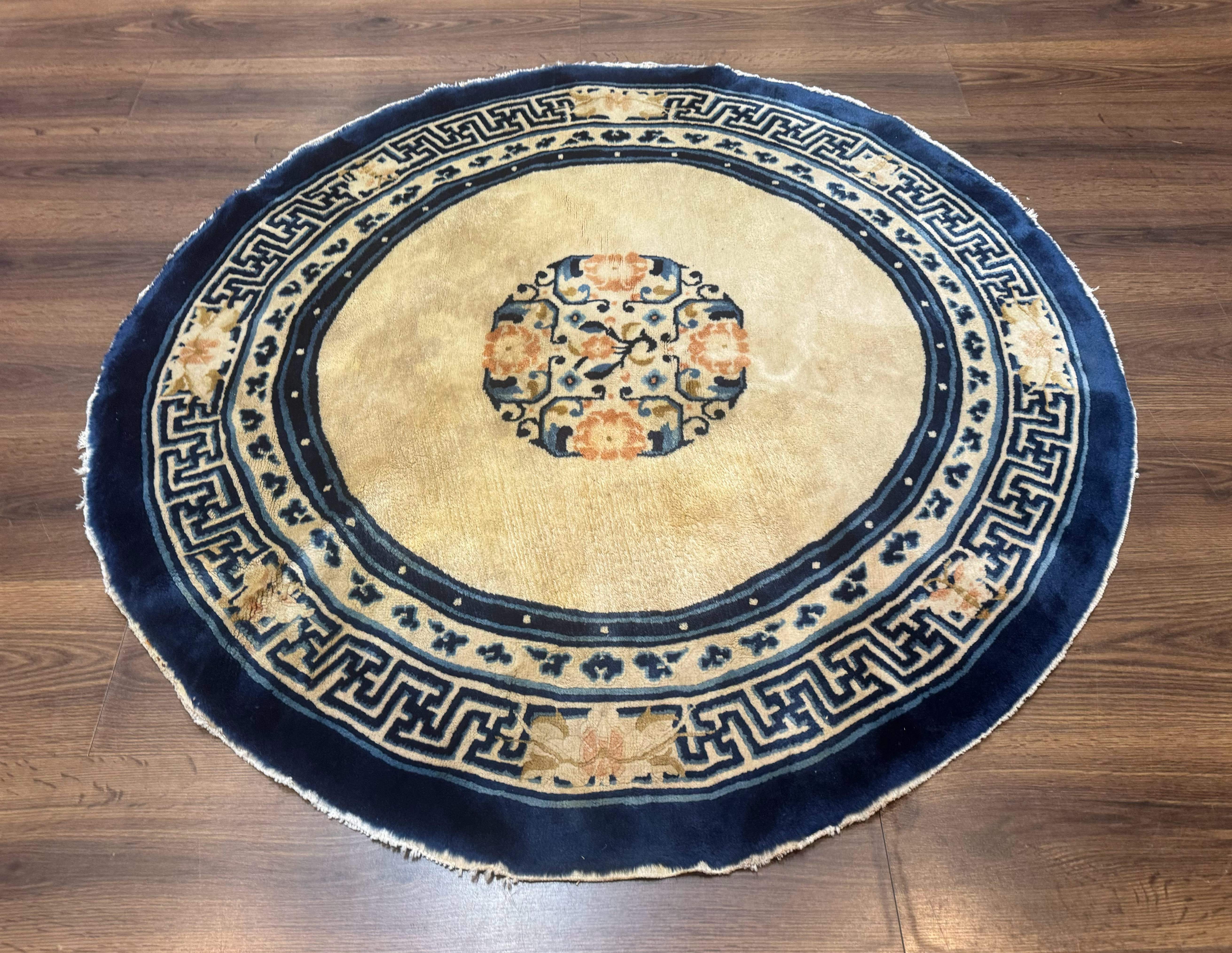Round Antique Chinese Peking Rug 4x4, Cream and Blue, Wool - Jewel Rugs