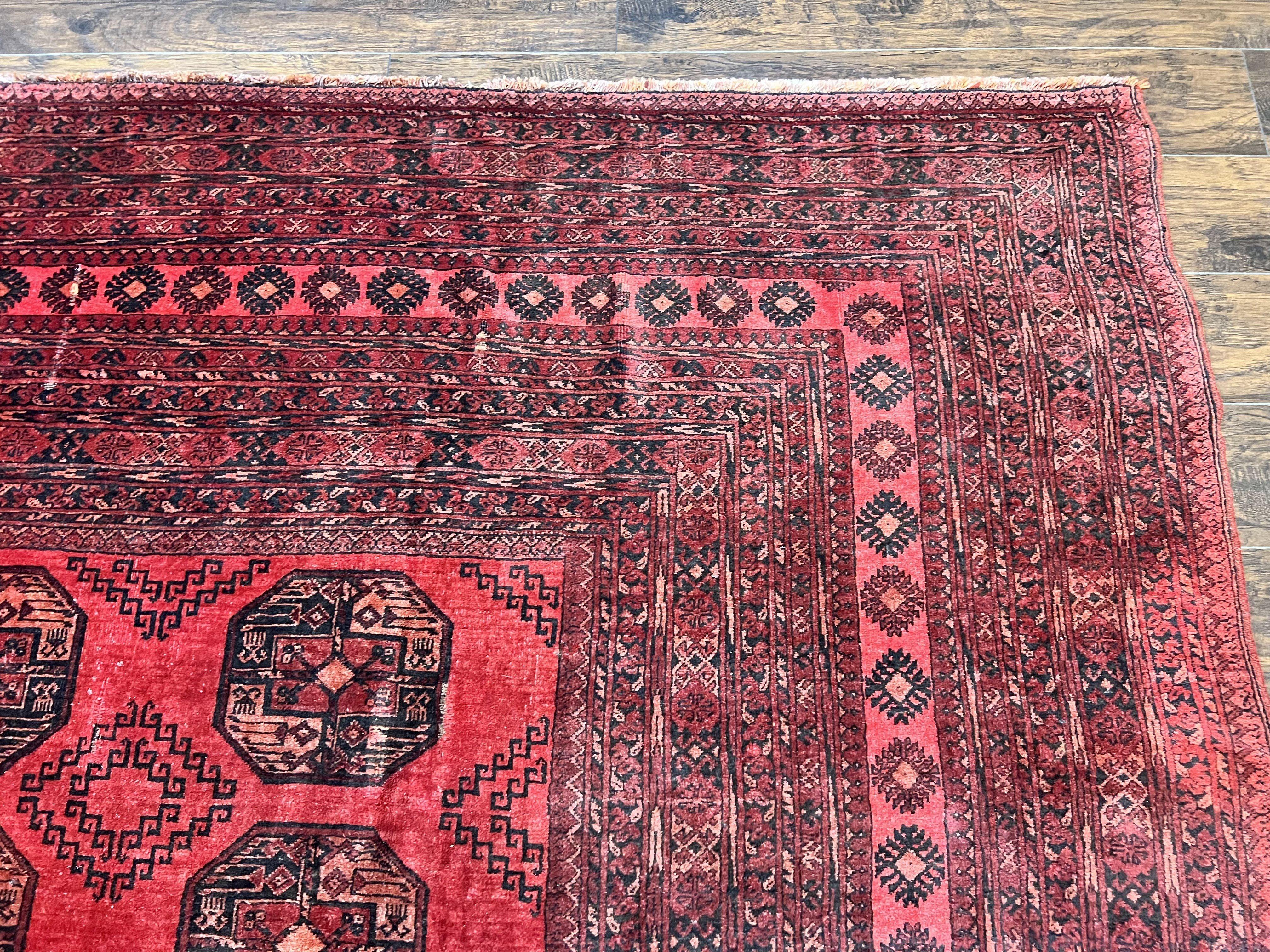 Afghan Rug 9x12, Wool Hand Knotted Vintage Carpet, Red & Black, 9