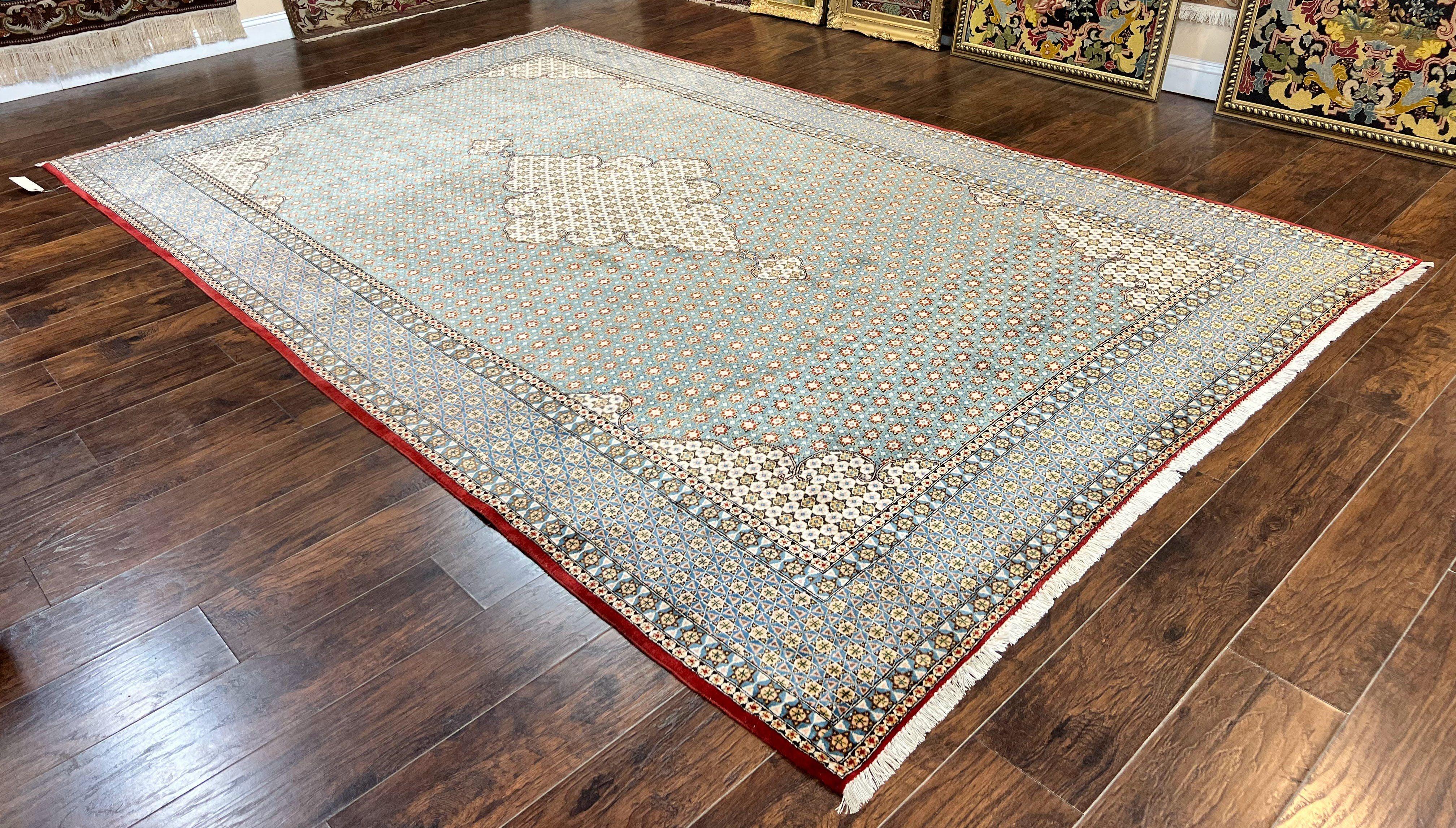 Rare Persian Rug 8x12, Qum Rug, Repeated Star Motifs, Blue and Ivory, Fine 300 KPSI, Hand Knotted Handmade Vintage Wool Rug - Jewel Rugs