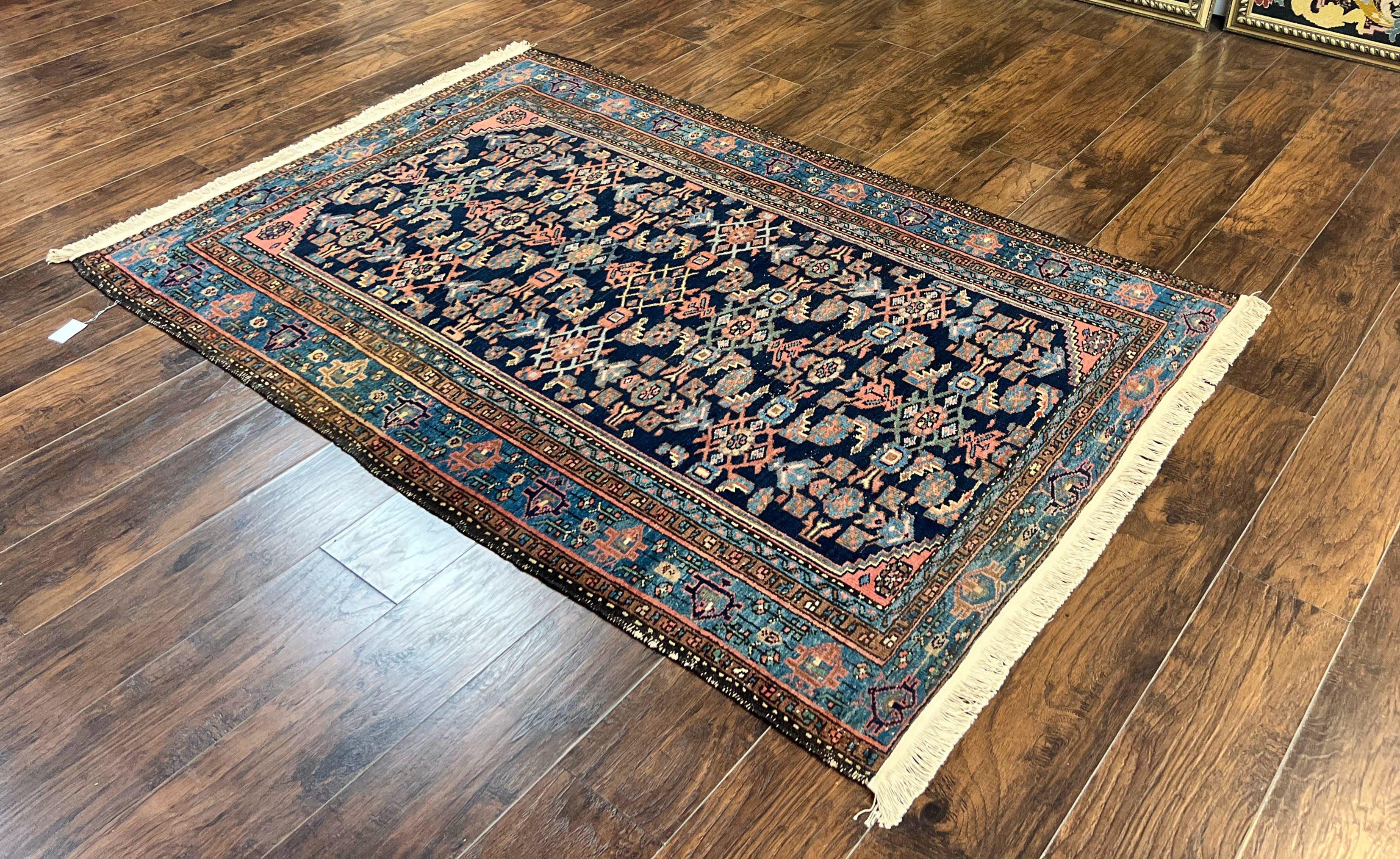 Antique Persian Tribal Rug 5x7, Navy Blue & Pink, Hand Knotted Handmade 1920s Wool Rug, Allover Pattern, Persian Hamadan Rug - Jewel Rugs