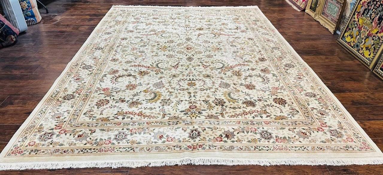 Pak Persian Rug 9x11, Ivory, Floral Allover, Handmade Vintage Wool Rug - Jewel Rugs