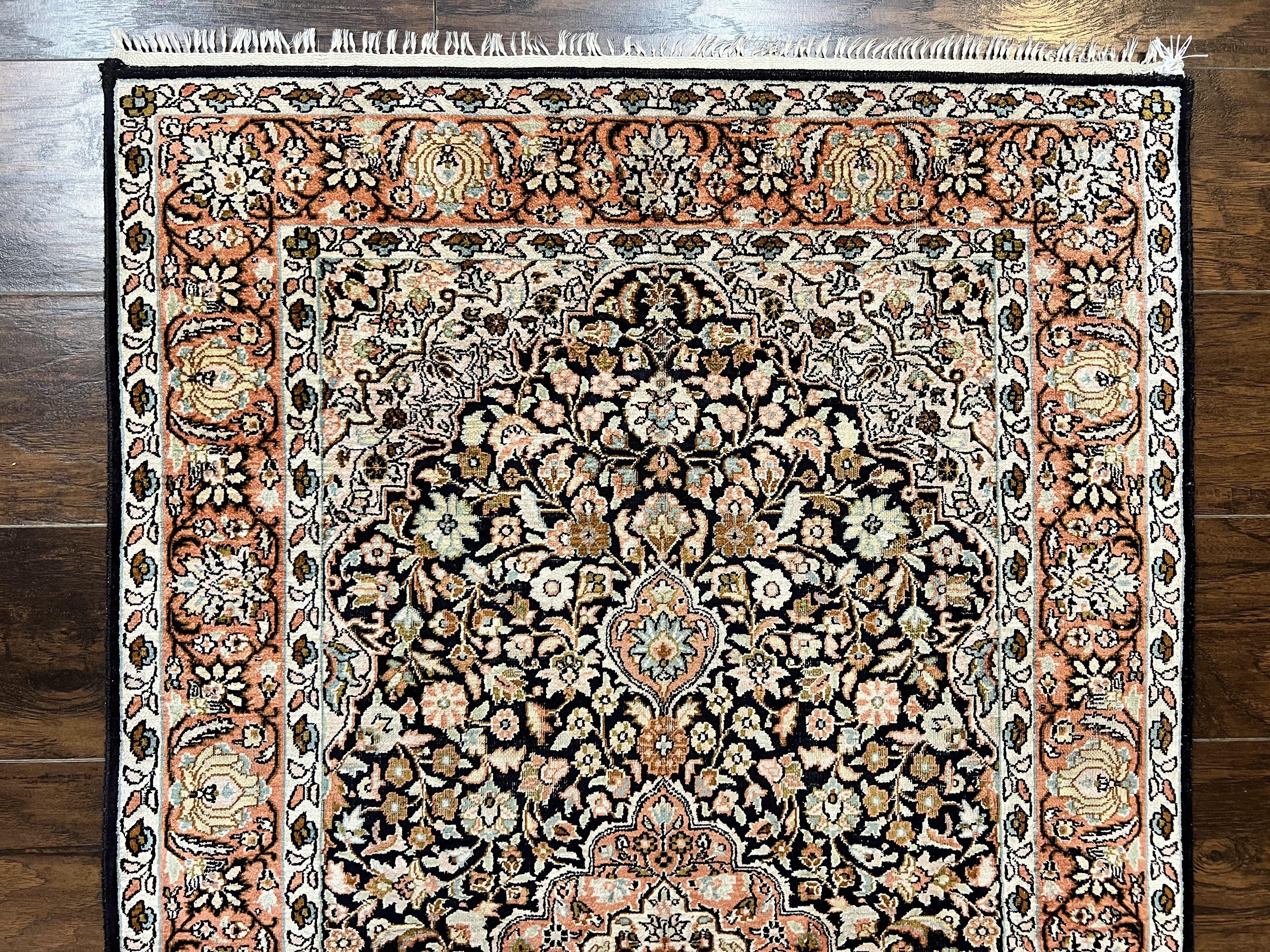 Silk Indian Kashmiri Rug 3x5, Indo Persian Silk on Silk Carpet, Very Fine 350 KPSI, Navy Blue, Handmade, Floral Medallion - Jewel Rugs