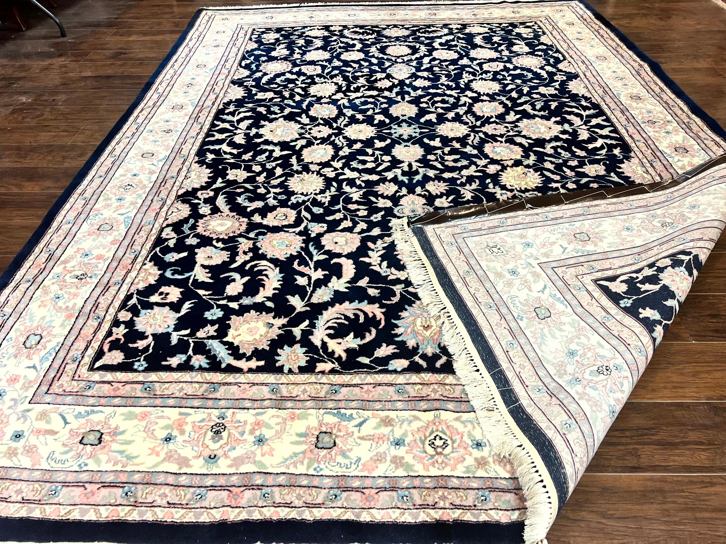 Indo Persian Rug 9x12, Navy Blue and Ivory/Cream, Floral Allover, Wool Vintage Handmade Carpet - Jewel Rugs