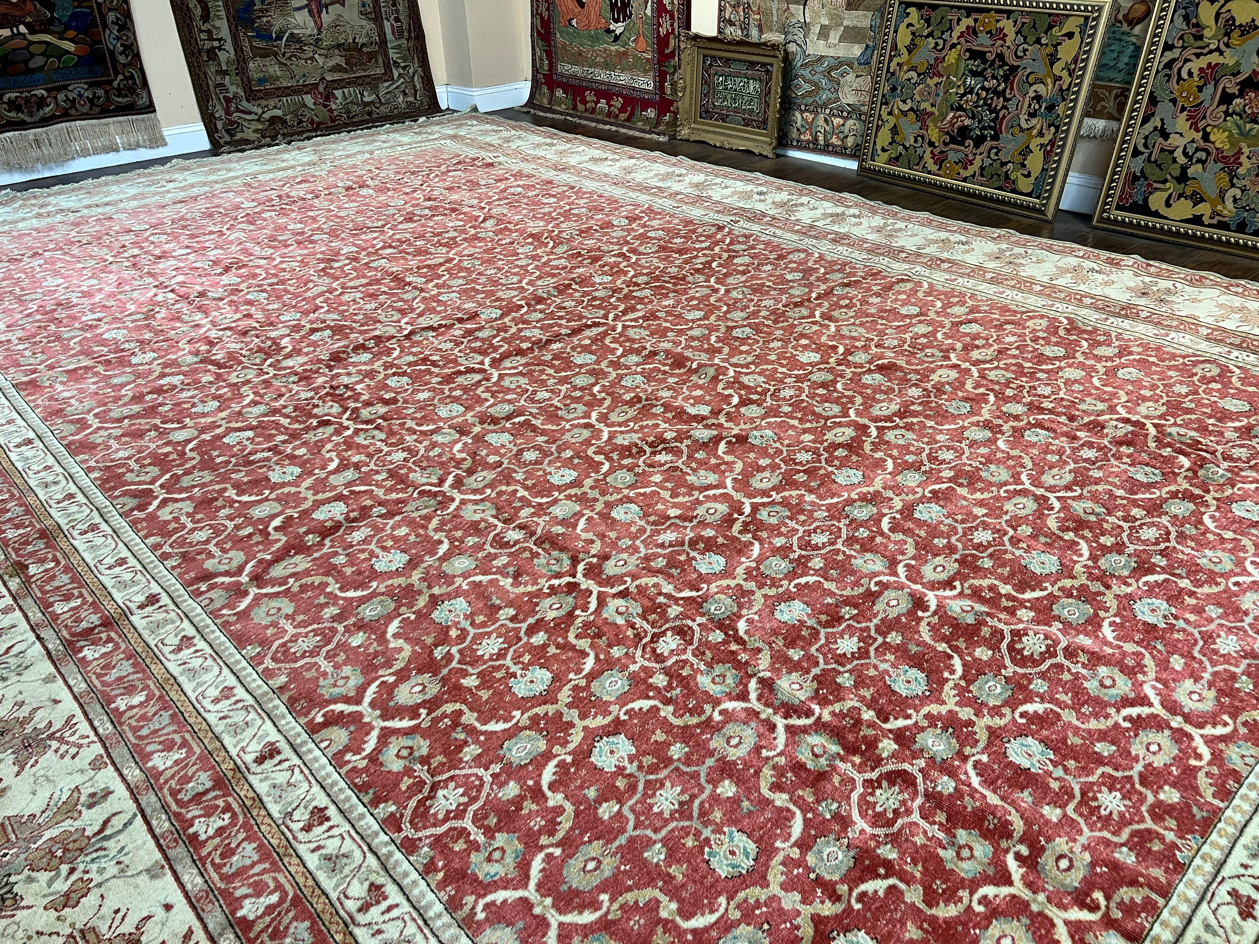 Turkish Oushak Rug 12x18, Wool Hand Knotted Vintage Carpet, Red & Oatmeal, 12 x 18 Palace SIze Handmade Oriental Rug - Jewel Rugs