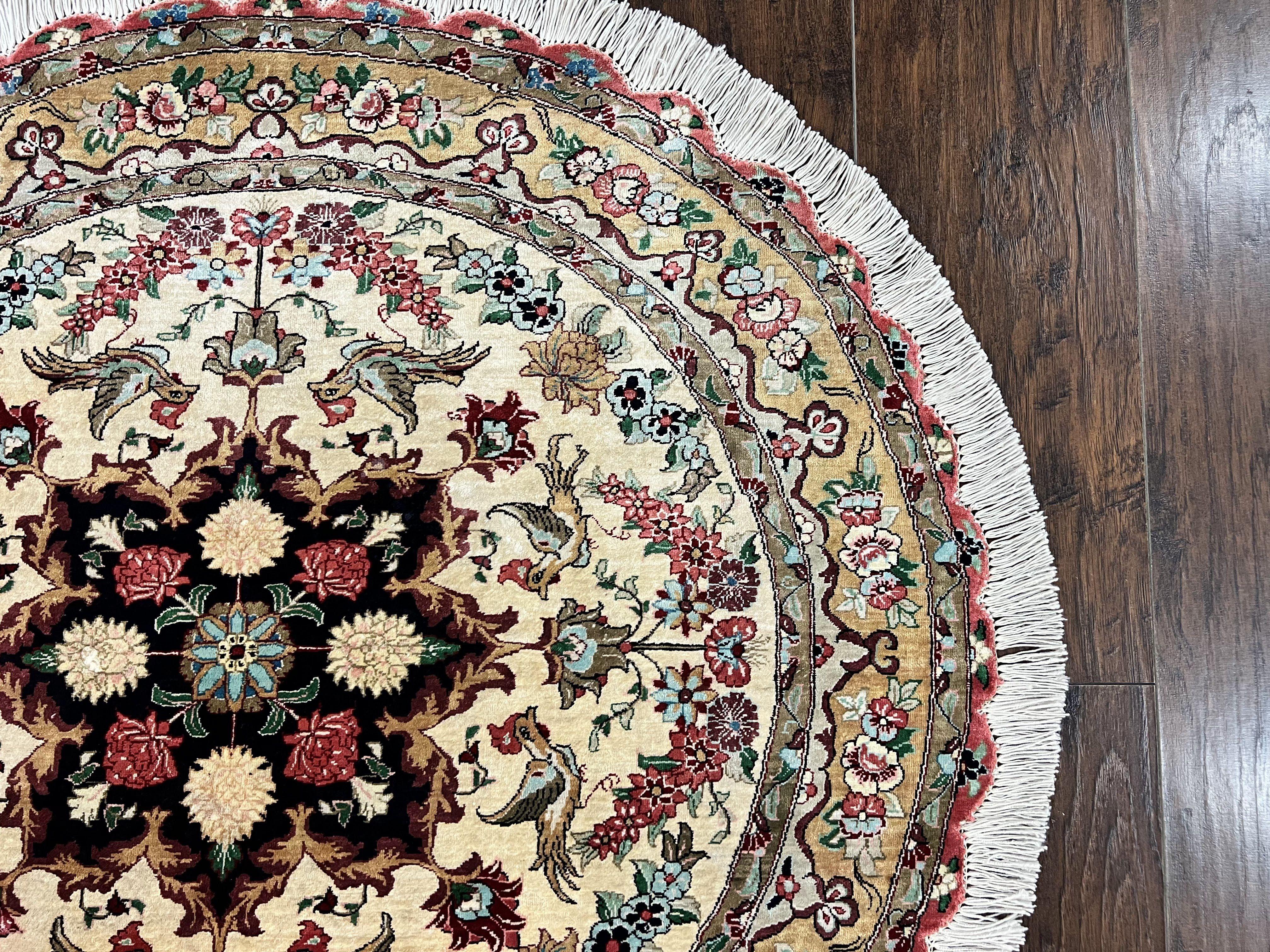Silk Persian Tabriz Round Rug 3x3 ft, Very Fine Hand Knotted Carpet 380 KPSI, Cream & Gold, Bird Pictorials, Floral, Rare - Jewel Rugs