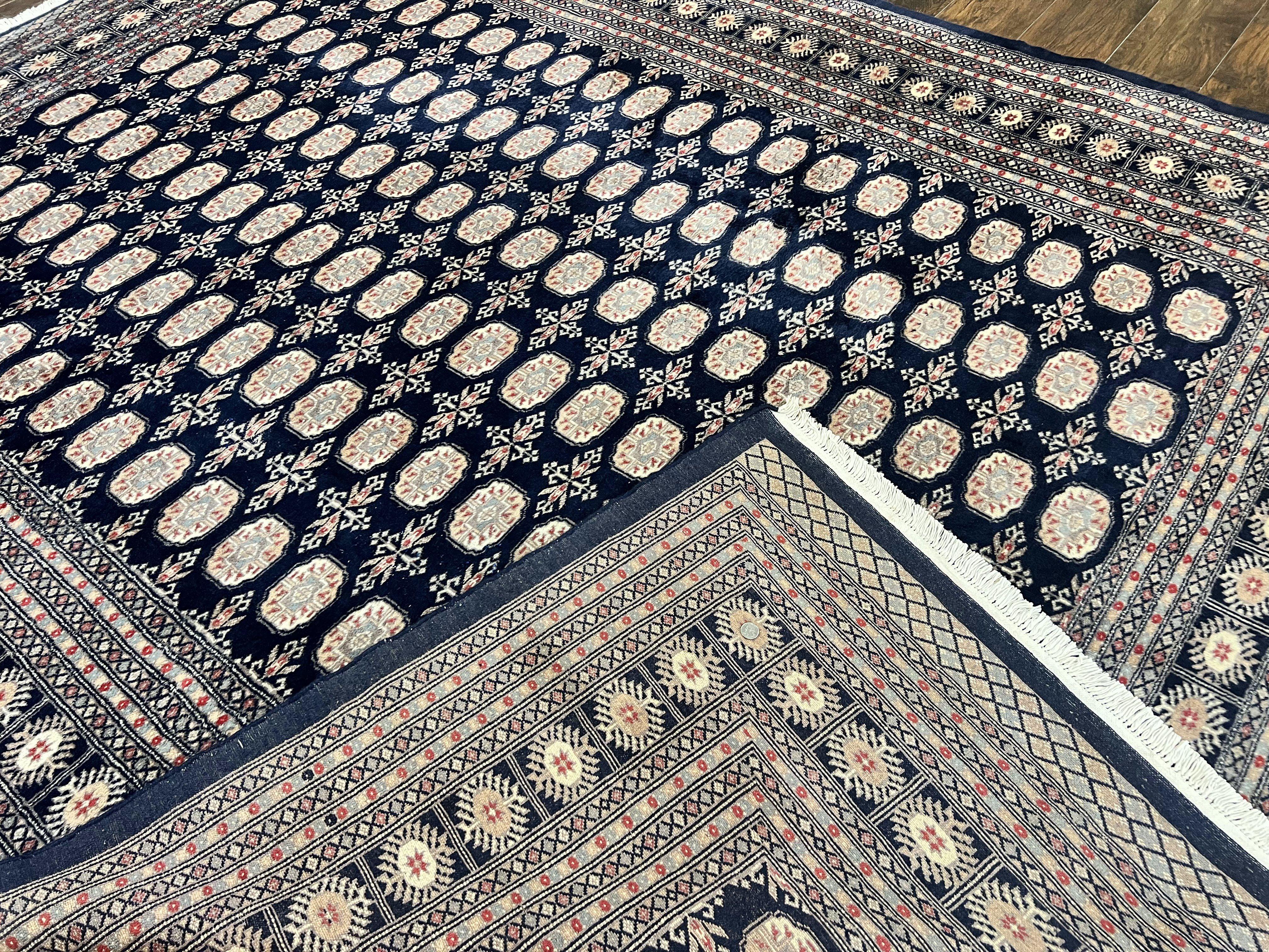 Pakistani Bokhara Rug 8x10, Turkoman Carpet, Dark Blue and Beige, Vintage Handmade Wool Carpet - Jewel Rugs