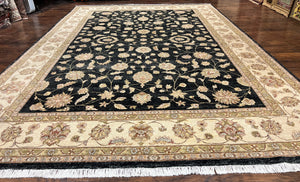 Indo Persian Rug 10x14, Charcoal and Beige, Floral Allover, Handmade Vintage Wool Carpet