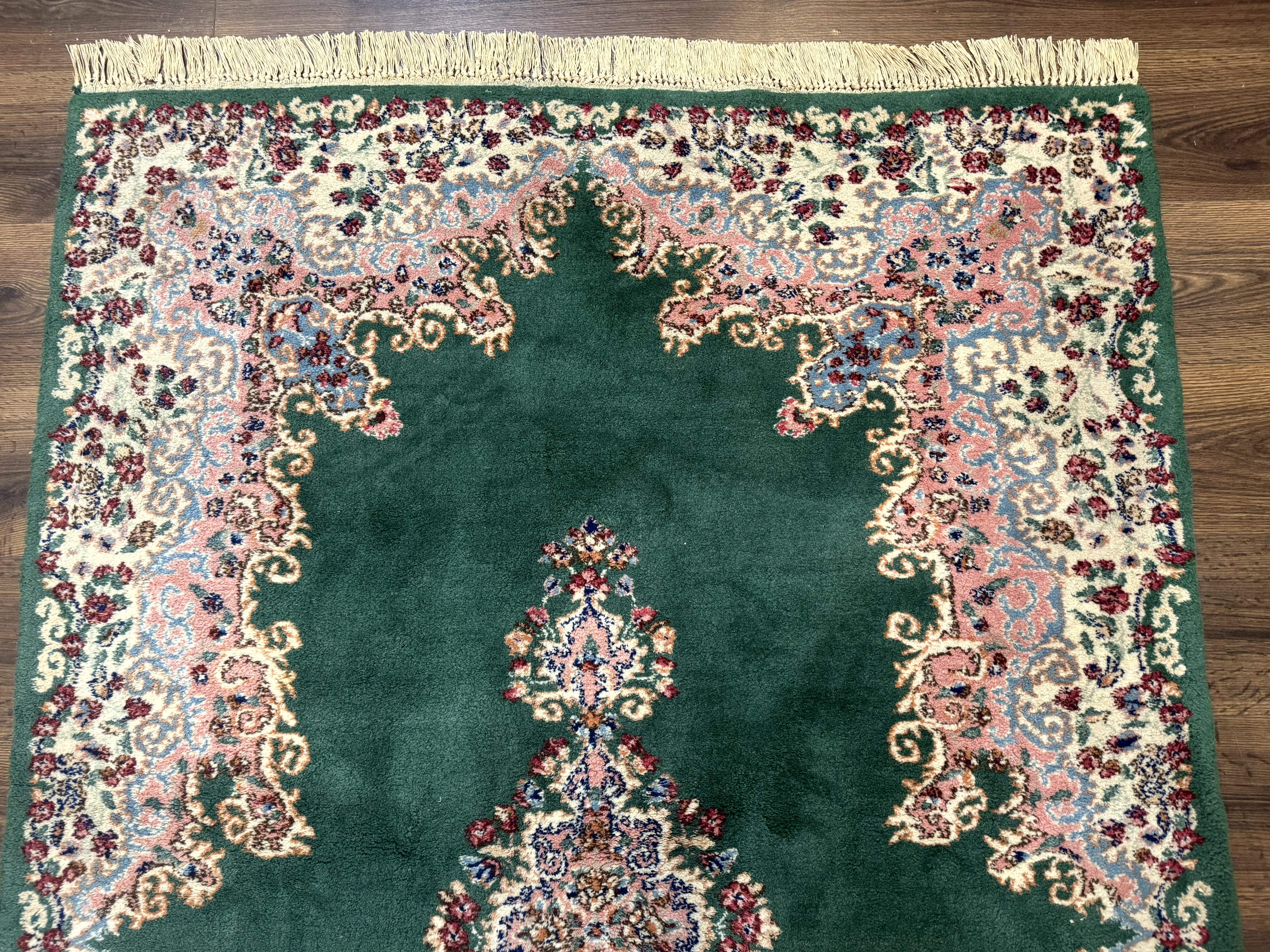 Persian Kerman Rug 4x6, Green Ivory Pink, Wool Vintage, Semi Open Field - Jewel Rugs